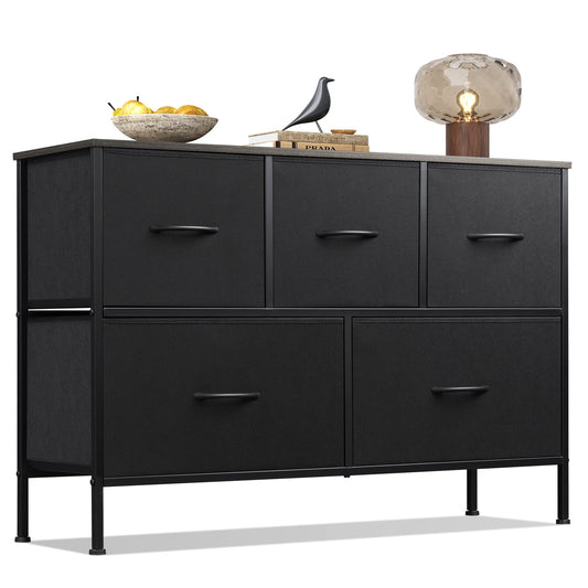 WLIVE Dresser for Bedroom with 5 Drawers, Long Fabric Dresser, Chest of Drawers, Storage Drawer Unit with Fabric Bins for Closet, Living Room, Hallway, Charcoal Black, Size L