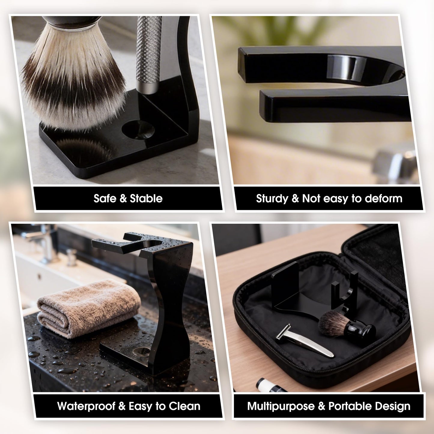 Keropy 2-in-1 Shaving Brush and Razor Stand, Black Acrylic