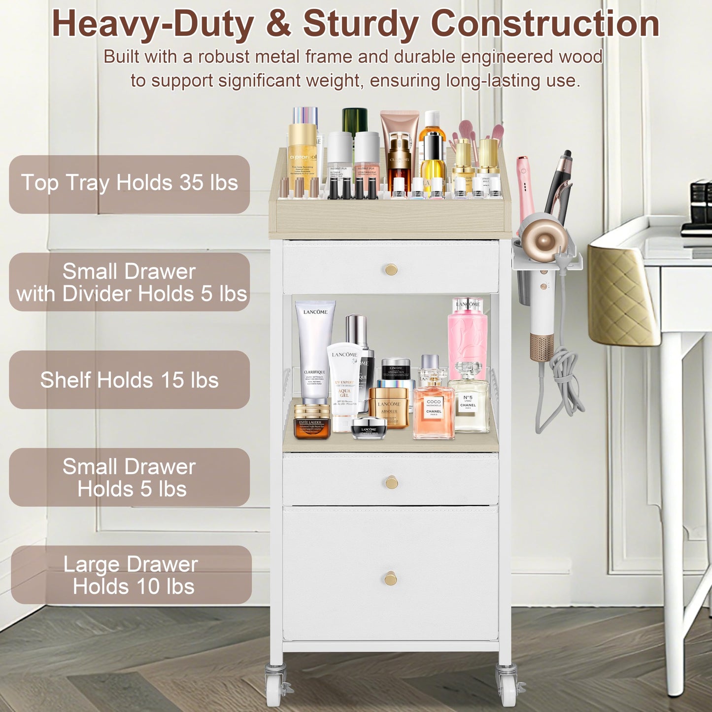 NauwaBarn Makeup Organizer Cart with 3 Drawers, Large Cosmetic Organizer with Detachable Hair Tool Holder, Makeup Cabinet Cosmetic Display Cases for Skin Care Perfume Nail Polish, White & Natural