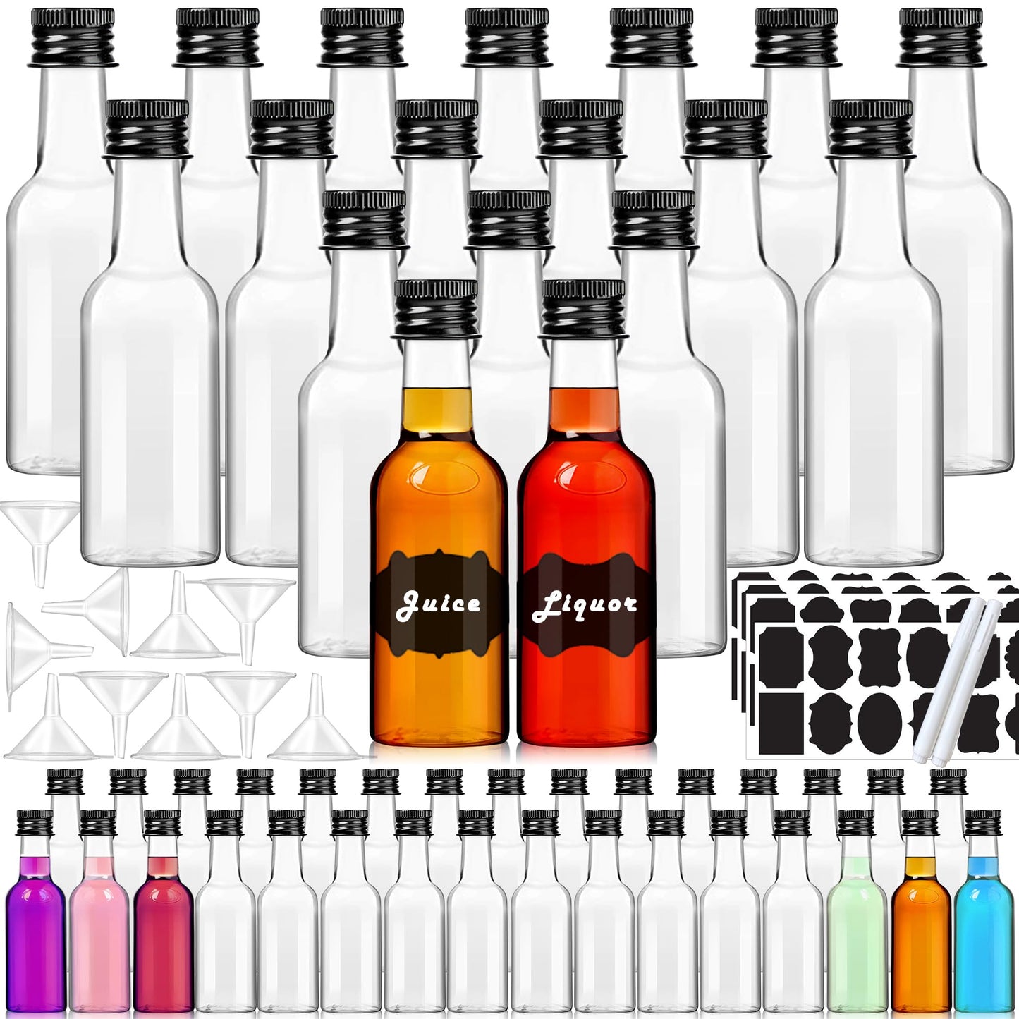 YZXODN 50 Pack 1.7oz Mini Liquor Bottles with Labels, Plastic Alcohol Bottles, Airtight Shot Bottles, Little Spirit Bottle with Funnel, Black Caps, Juice Bottle for Cocktail, Party Favors, Weddings