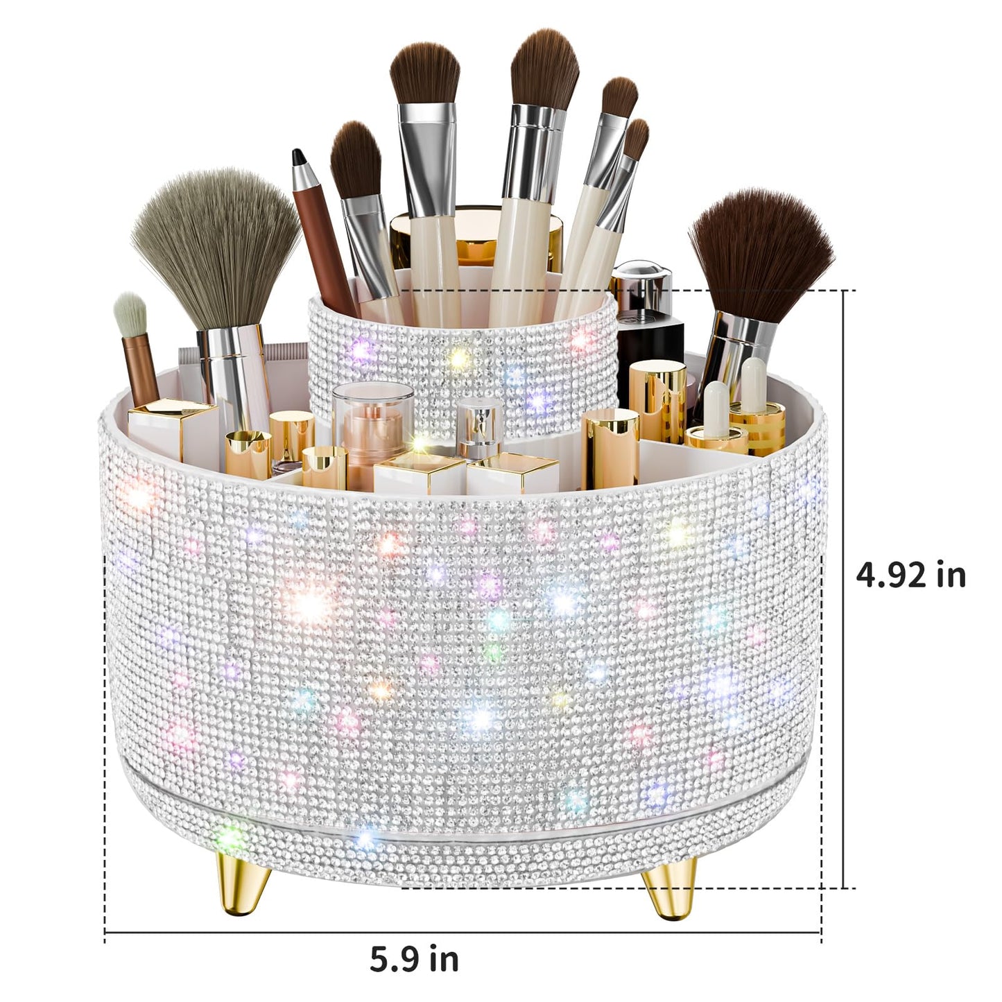 fanado Bling Diamond Makeup Brush Holder, 360° Rotating Makeup Organizer, 5 Slot Make up Brushes Cup for Countertop, Storage for Cosmetics Pen Eyeliner Skincare on the Vanity (Diamond white)
