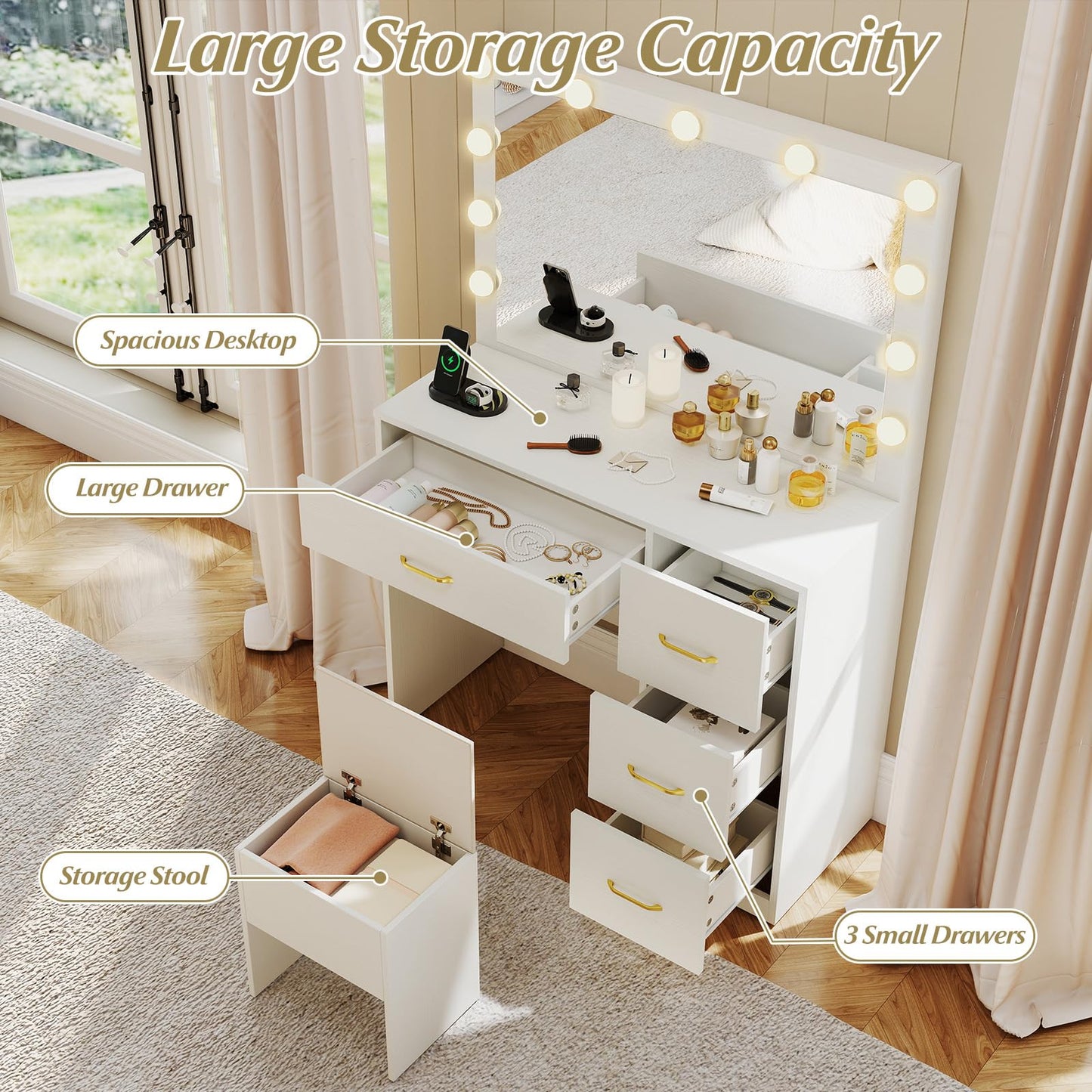 CHEFJOY Vanity Desk with Mirror and Lights, Dressing Table with Storage Stool, 4 Drawers, Charging Station, Hair Dryer Stand, 3 Color Lighting, Modern Makeup Vanity for Bedroom, Living Room, White