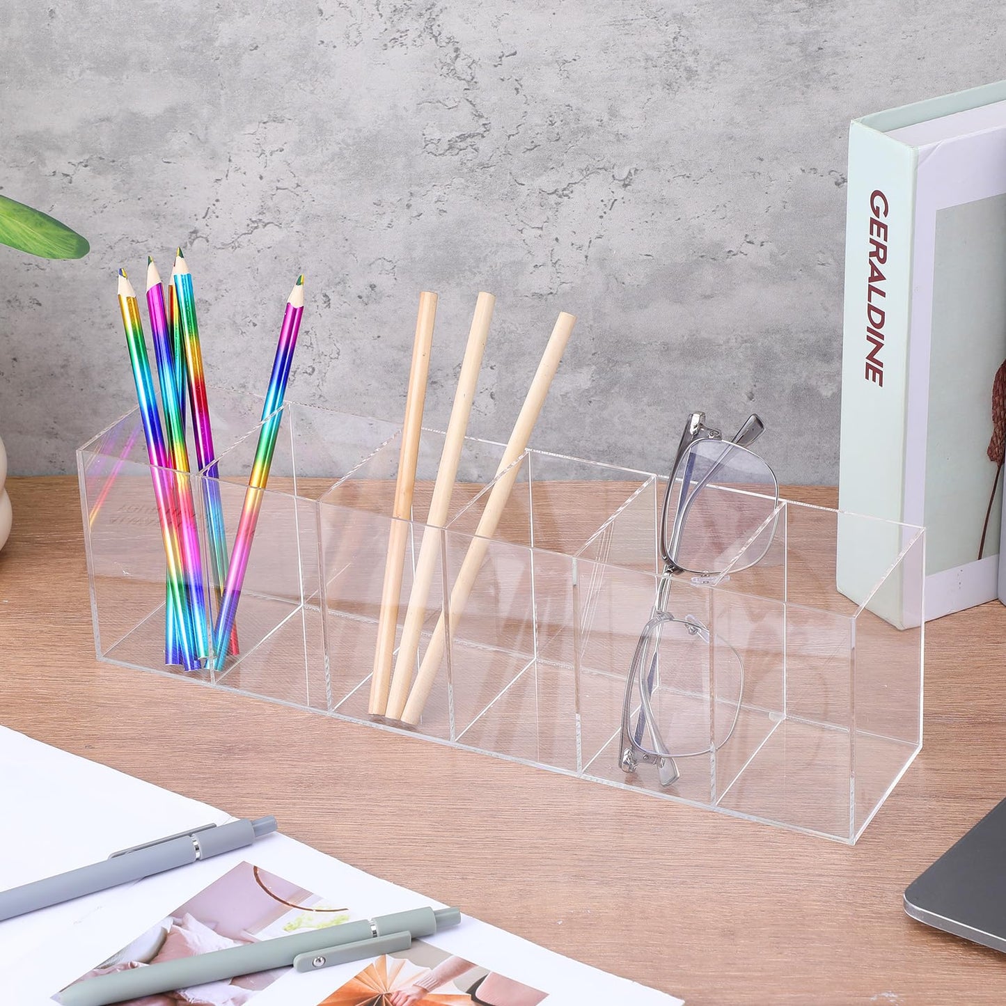Xaajooio 2 Pcs Acrylic Makeup Brush Holder and Pencil Organizer, 6 Compartments Clear Pen Holder for Desk, Office, Bathroom, Kitchen and Cosmetic Brushes Storage