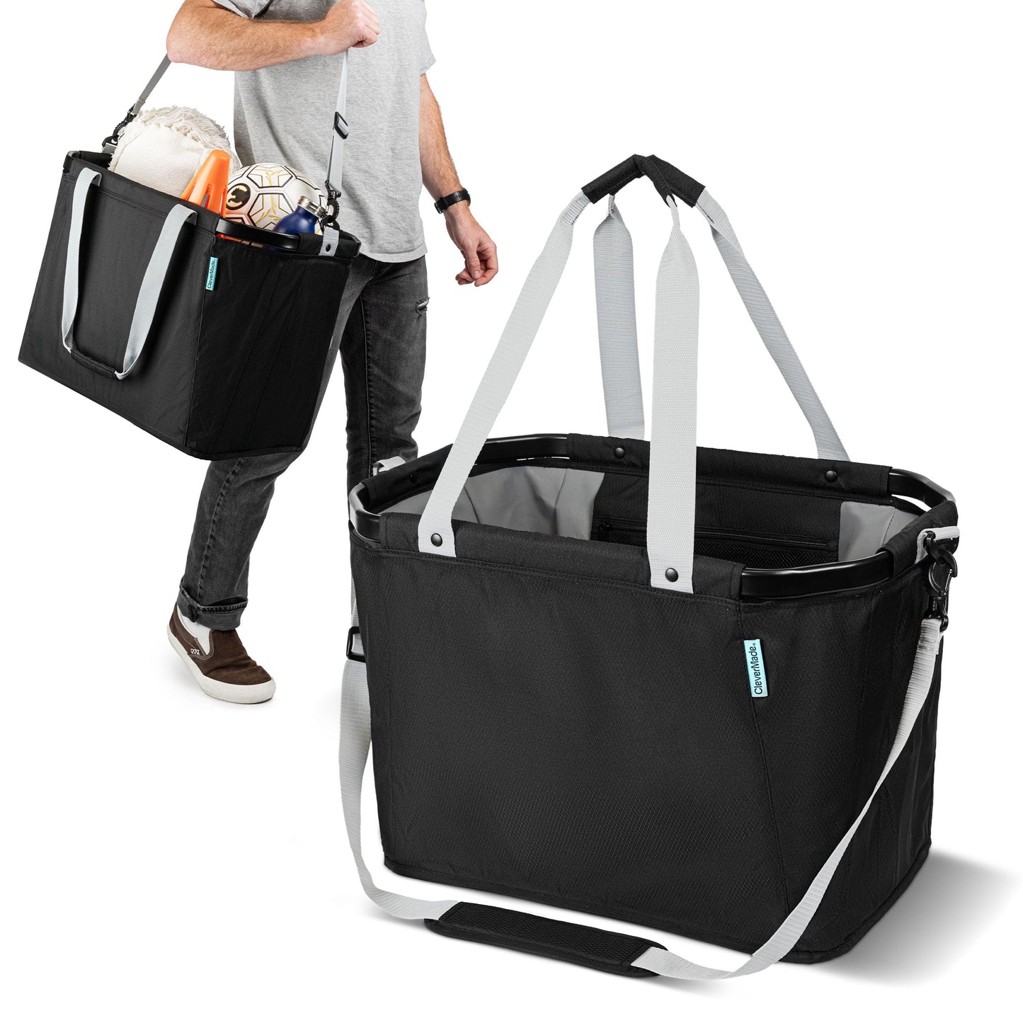 CleverMade Gear Hauler Pro Collapsible Outdoor Tote with Aluminum Frame, Heavy-Duty Recycled Fabric Utility Bag for Camping, Beach, Travel & Grocery Hauling, 14 Gal / 55L & 100 Lb Capacity - Midnight