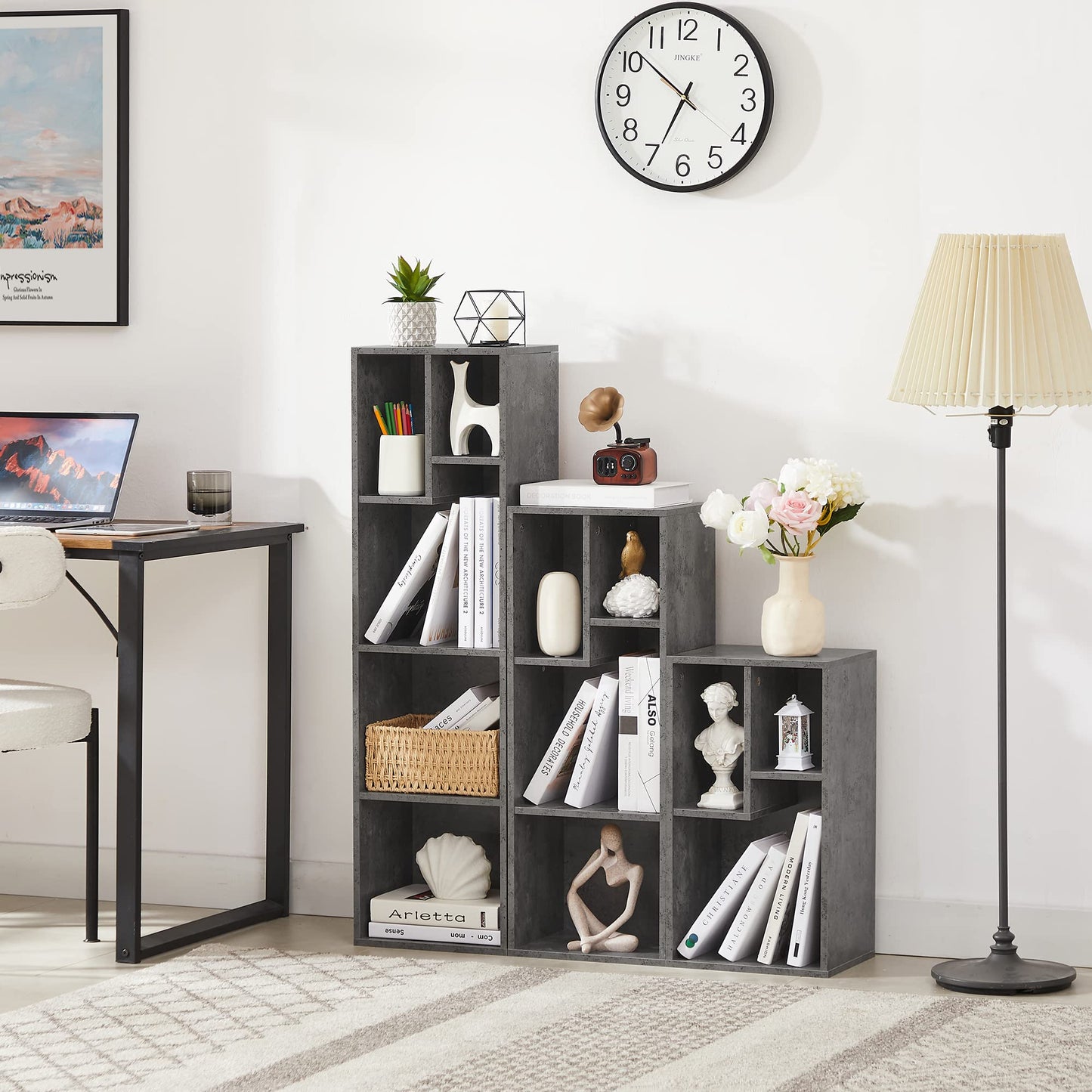 VECELO 4-Tier Bookcase, Modern Storage Cabinet with Height Difference Shelves for Standard Textbooks, 5 Cubes, Vertical or Horizontal, Easy Assembly, Grey