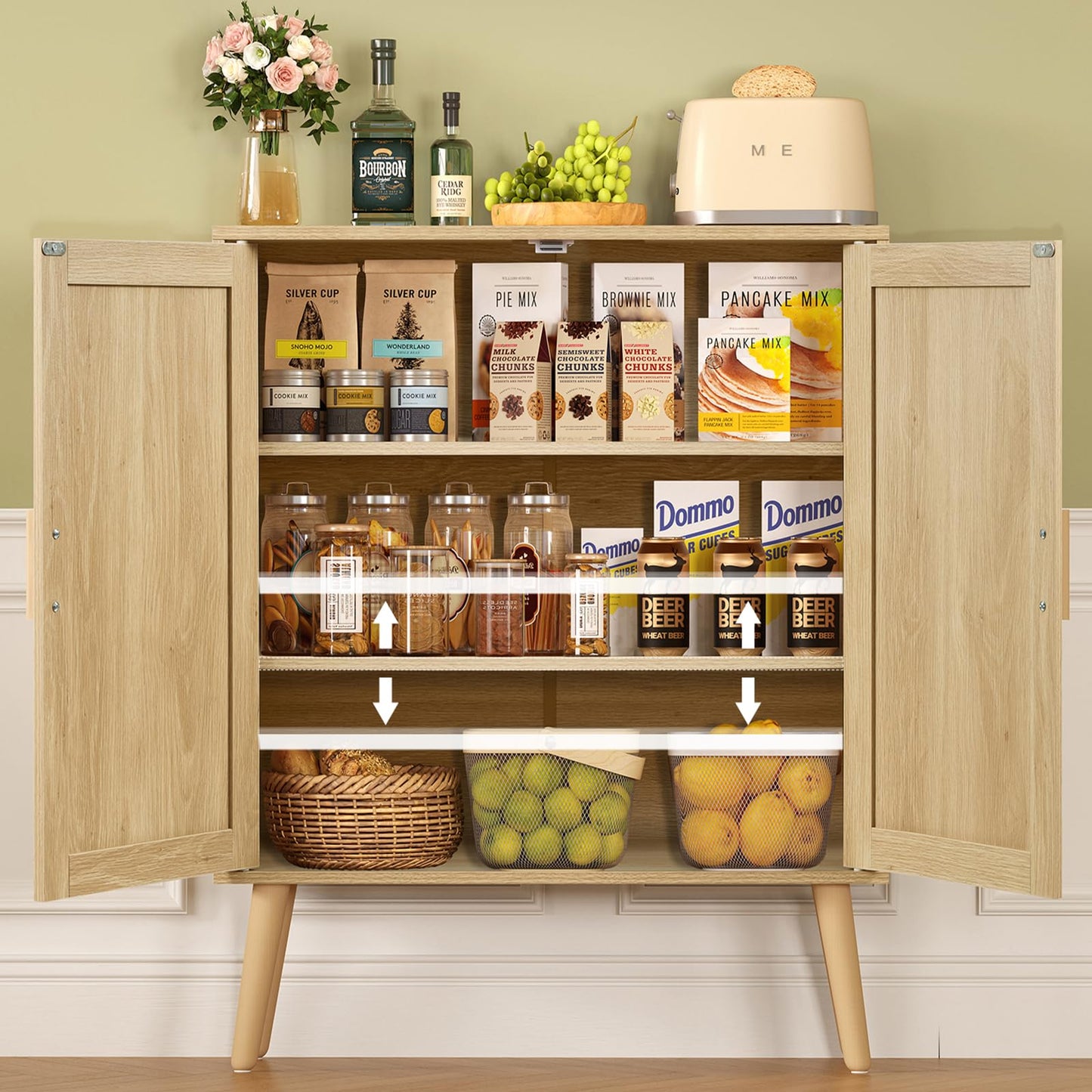 Iwell Storage Cabinet with 2 Shelves, Rattan Cabinet with 2 Doors, Sideboard Buffet Cabinets with Storage for Living Room, Dining Room, Entryway, Natural