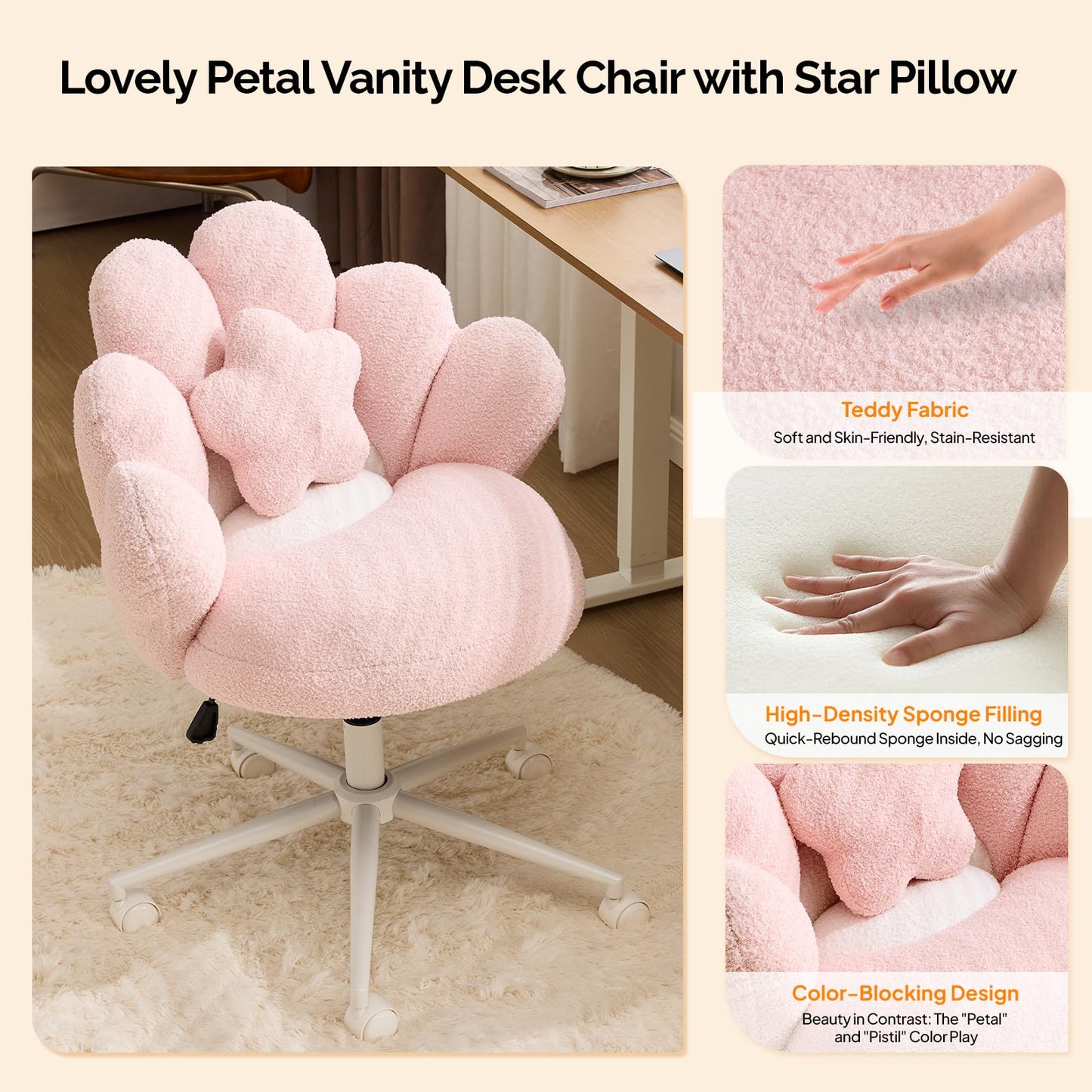 VINGLI Lovely Petal Vanity Desk Chair with Star Pillow, Height Adjustable Armless Swivel Chair in Vibrant Color-Blocking, Modern Computer Task Chair for Bedroom & Home Office, Teddy Fleece,Pink