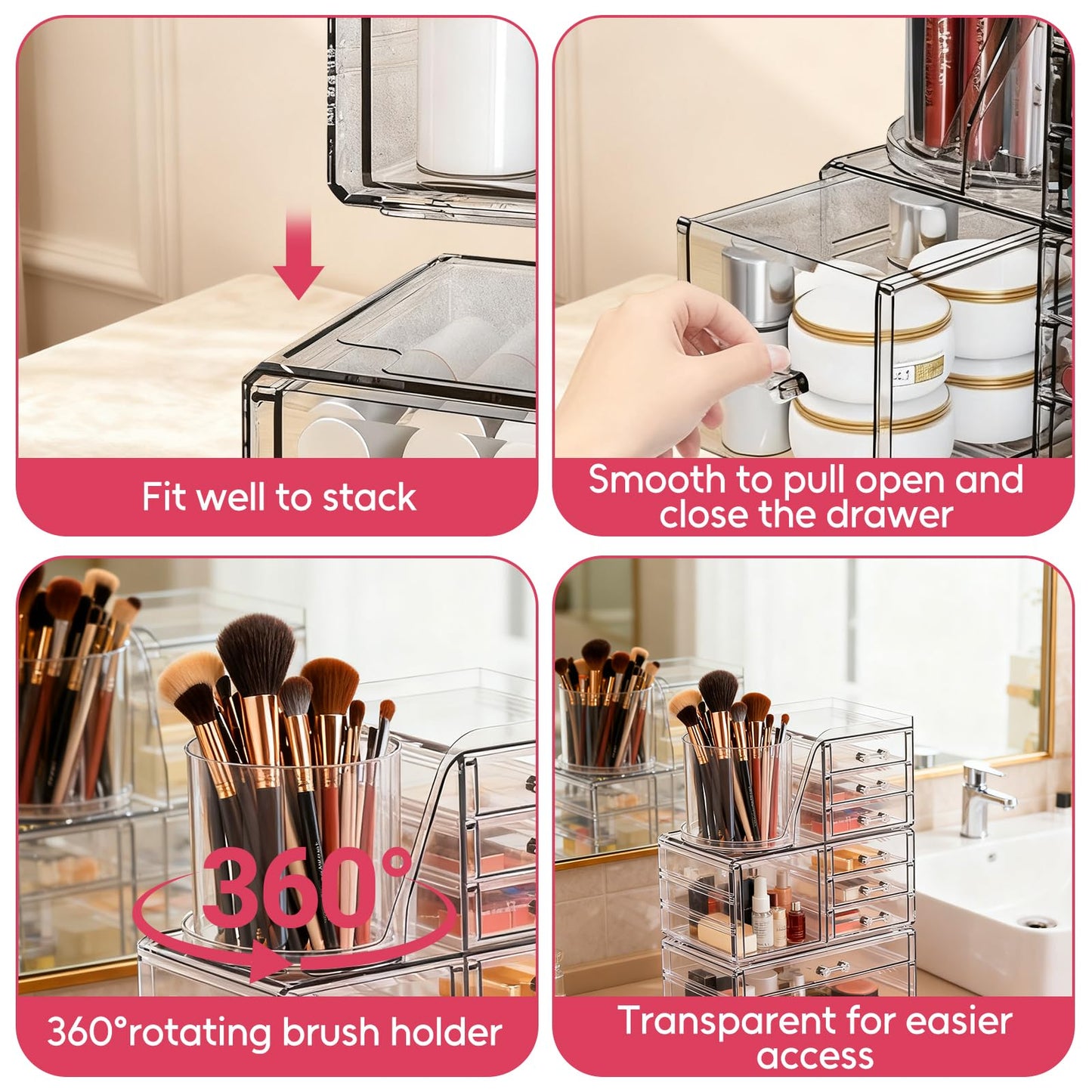 ShineMe Clear Makeup Organizer with 9 Drawers, 3 Tier Stackable Makeup Storage Organizer with Rotating Brush Holder, Acrylic Countertop Makeup Organizer for Vanity Skincare Jewelry Hair Accessories