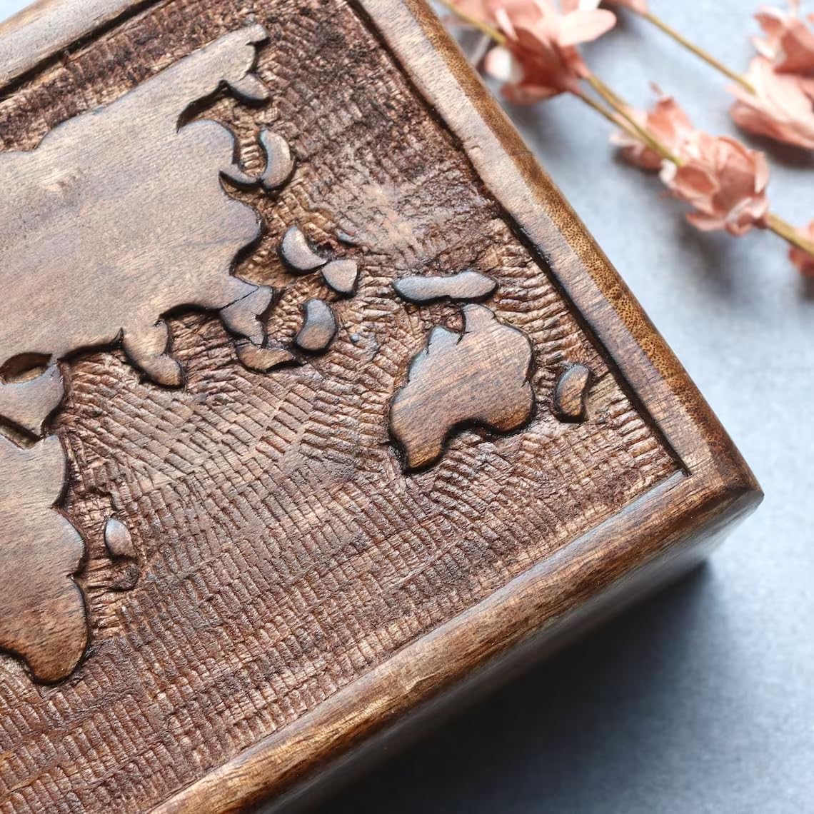 S.B.ARTS Premium Wooden Mini Jewellery Box World Map Design-Trinket Box for Ladies-Jewellery Storage Case-Antique Look-Traditionally Handcrafted Keepsake Box Jewellery Organiser Golden Brown