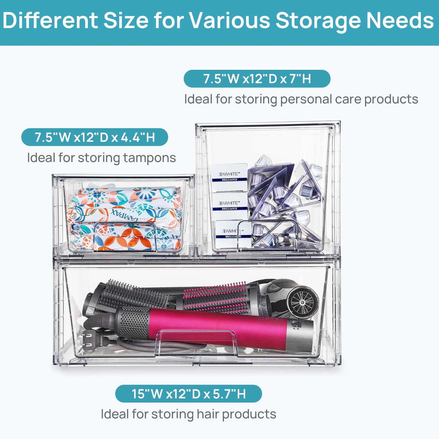 Vtopmart Clear Stackable Storage Drawers Set of 5, Easily Assemble Acrylic Bathroom Undersink Organizers,Plastic Storage Bins for Closet,Cabinet,Pantry,Medicine Organization