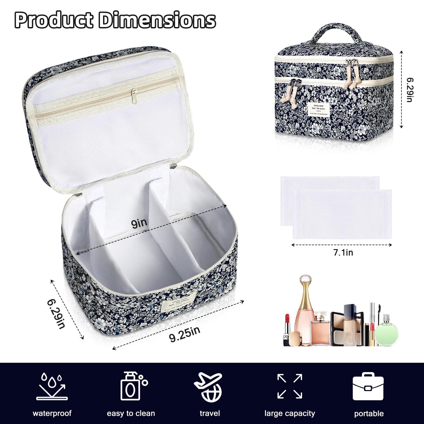 Gosect Makeup Bag, Portable Travel Make up Bag, Large Capacity Quilted Cosmetic Organizer Bag, Cute Floral Toiletry Bag for Women Girls (Black Rose)
