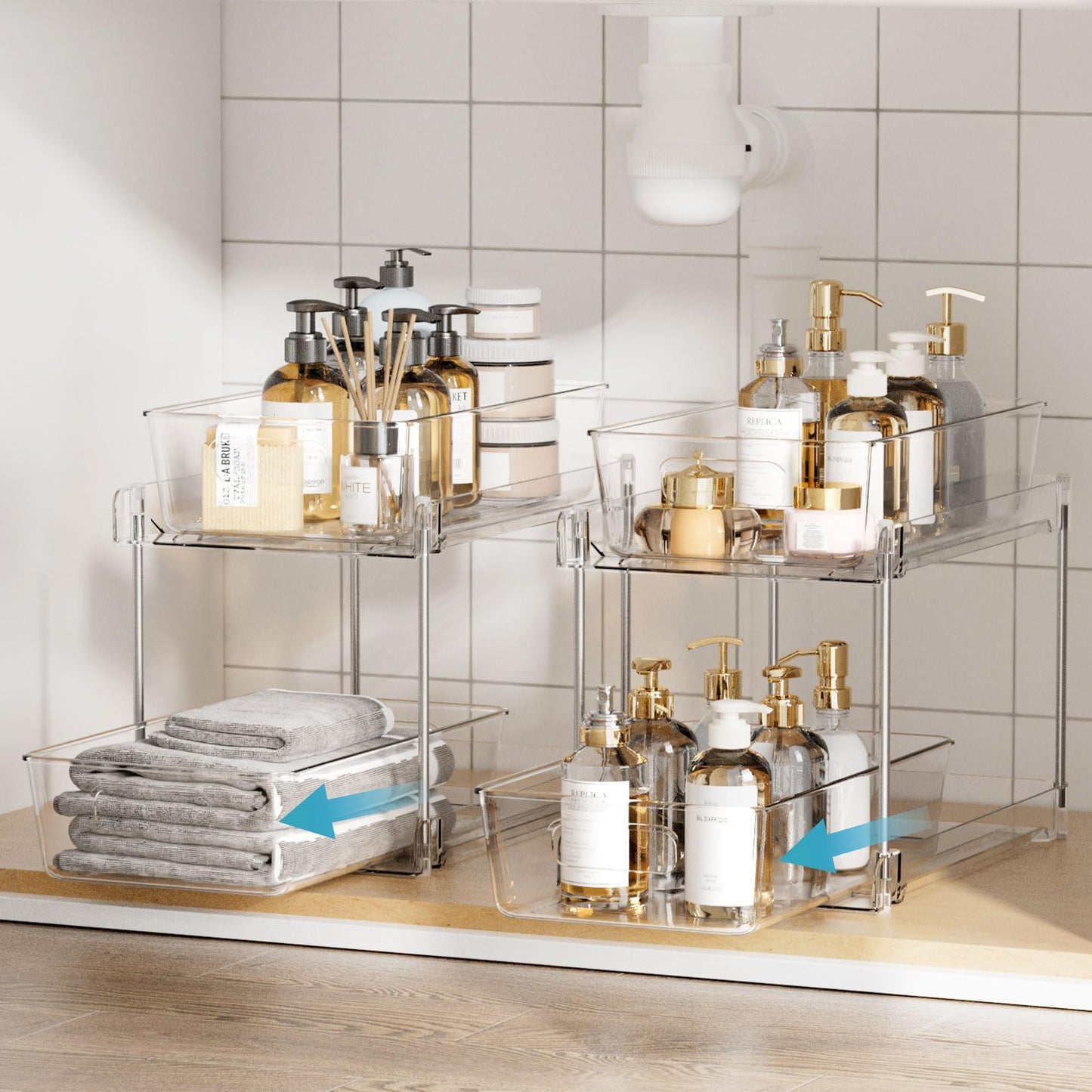 Vtopmart 4 Pack Bathroom Under Sink Organizers Organizer, 2 Tier Clear Pull-Out Organization (S-Standard)
