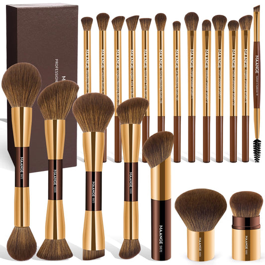MAANGE 20 Pcs Makeup Brushes with Gift Box, Double-End Multi-functional Makeup Brushes for Blending Liquid Powder Concealer Cream Blush Buffe,Coffee Gold