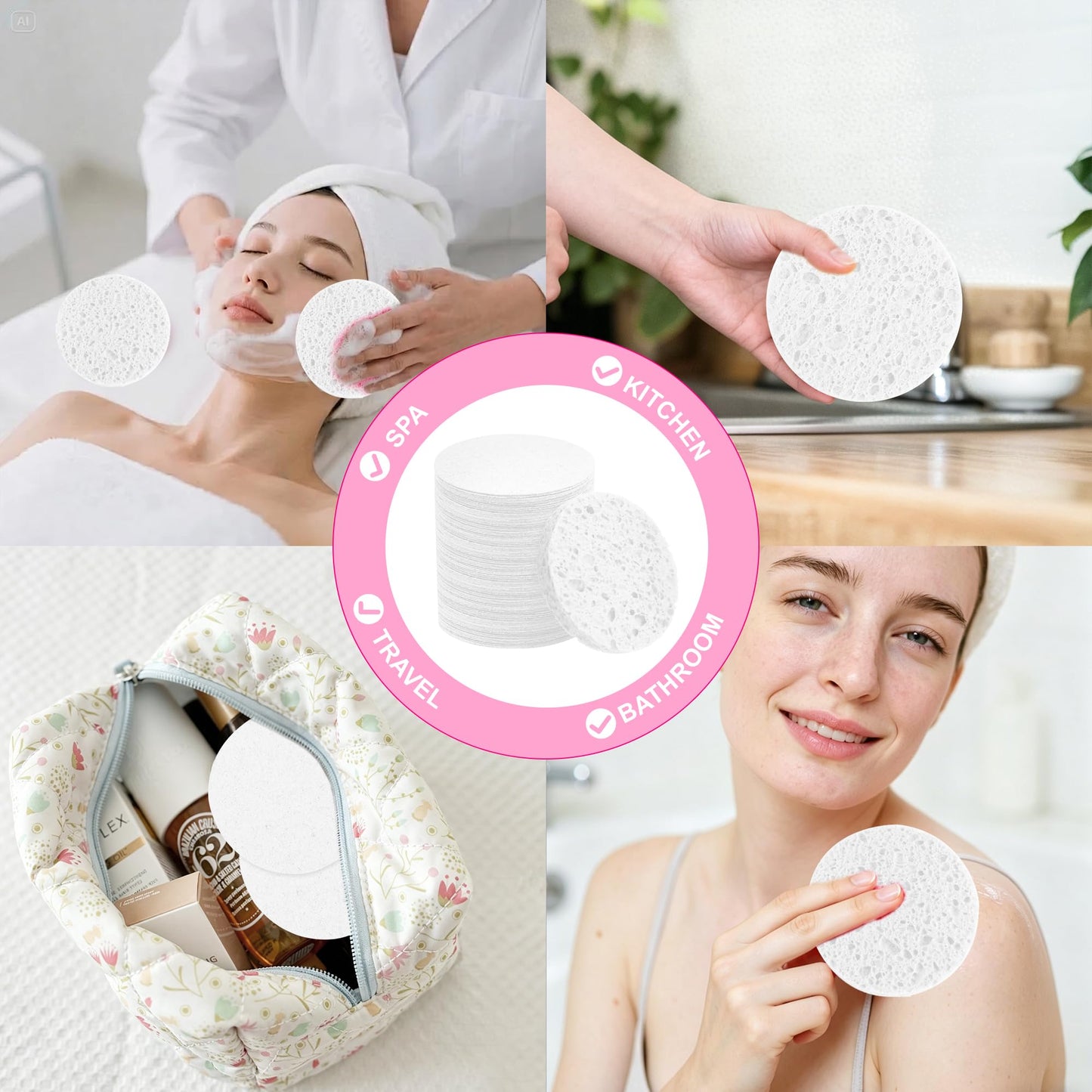 3.15in Large Compressed Facial Sponges 60 Pcs, 100% Natural Cellulose Face Sponges for Cleansing, Gentle Exfoliating, Makeup & Mask Removal, Spa Skincare, Travel Essentials for Women (White, Reusable)