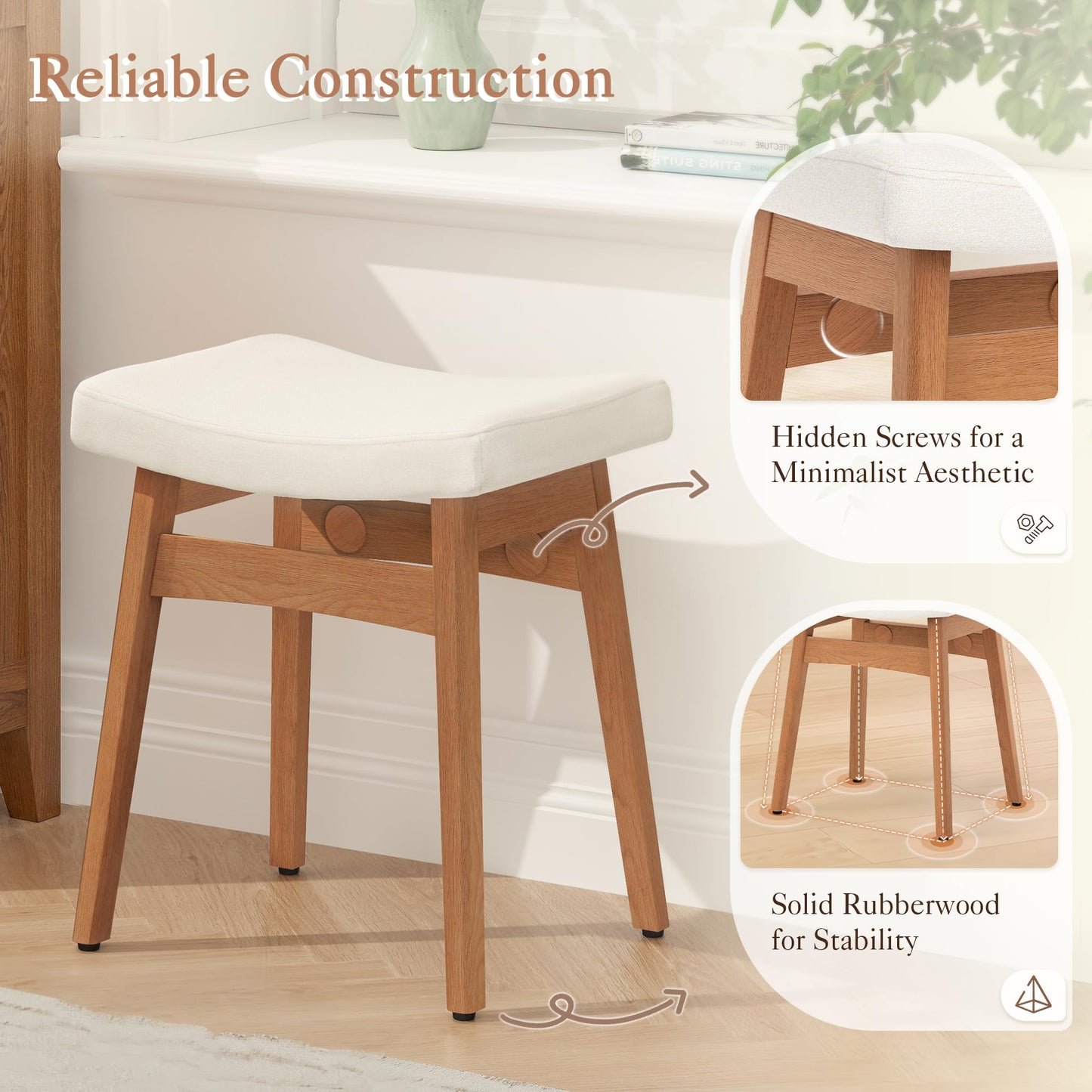 LUE BONA Solid Wood Vanity Bench Stool, 17.3" H Ergonomic Saddle Stool, 2'' Sick Upholstered Vanity Chair for Makeup Room, Bedroom & Bathroom, 300lbs, Beige