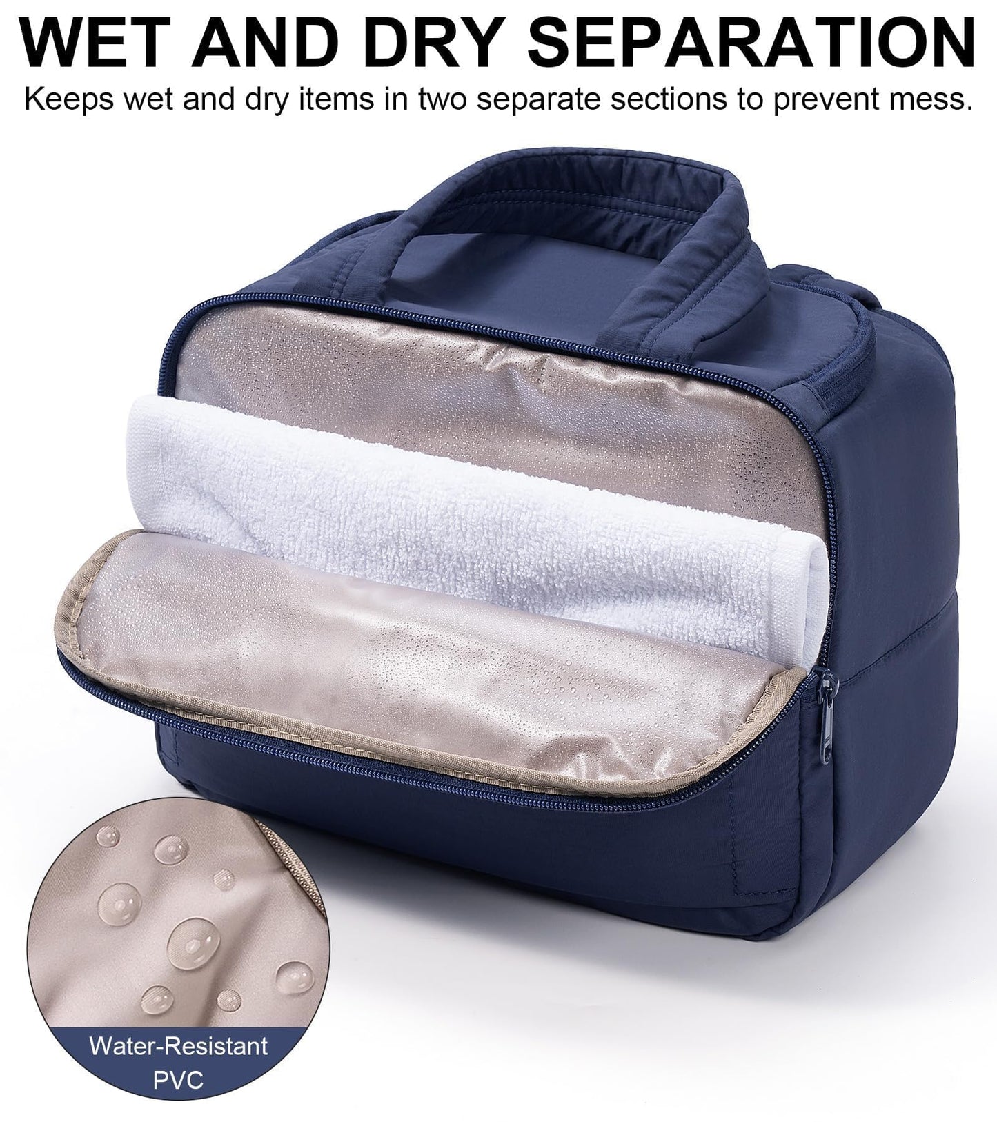 Bagstellar Travel Toiletry Bag for Women, Lightweight Large Quilted Puffy Makeup Bag Wide-open Make up Organizer Cloud Cosmetic Bag w/Handle for Traveling Toiletries Essentials Accessories Navy Blue