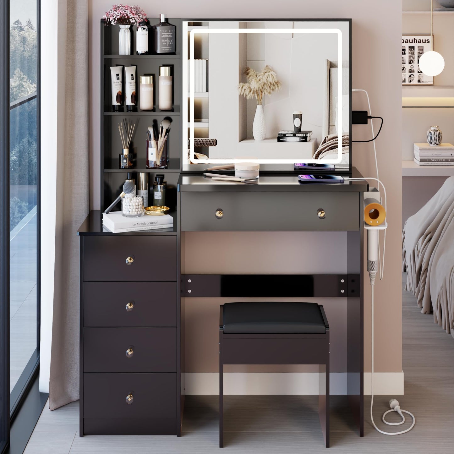 KEIKI Makeup Vanity Desk with Sliding Mirror and Lights, 37" Vanity Table Set with Charging Station, 5 Drawers & Hair Dryer Holder, Dressing Table with Storage Shelves and Cushioned Stool, Black