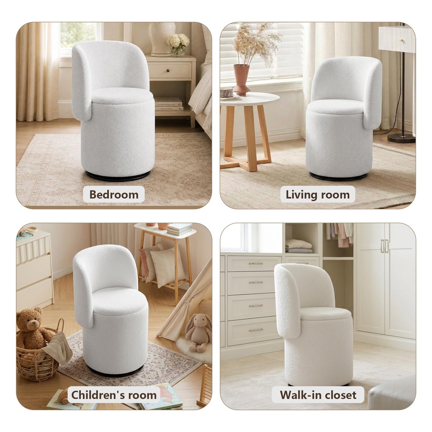 WOCFYK Swivel Vanity Chair with Storage and Matching Cat Bed Stool, 360 Degree Upholstered Barrel Chair, Teddy Fleece Makeup Chair with Back for Bedroom, Vanity Room, Dining Room, White Teddy Fleece
