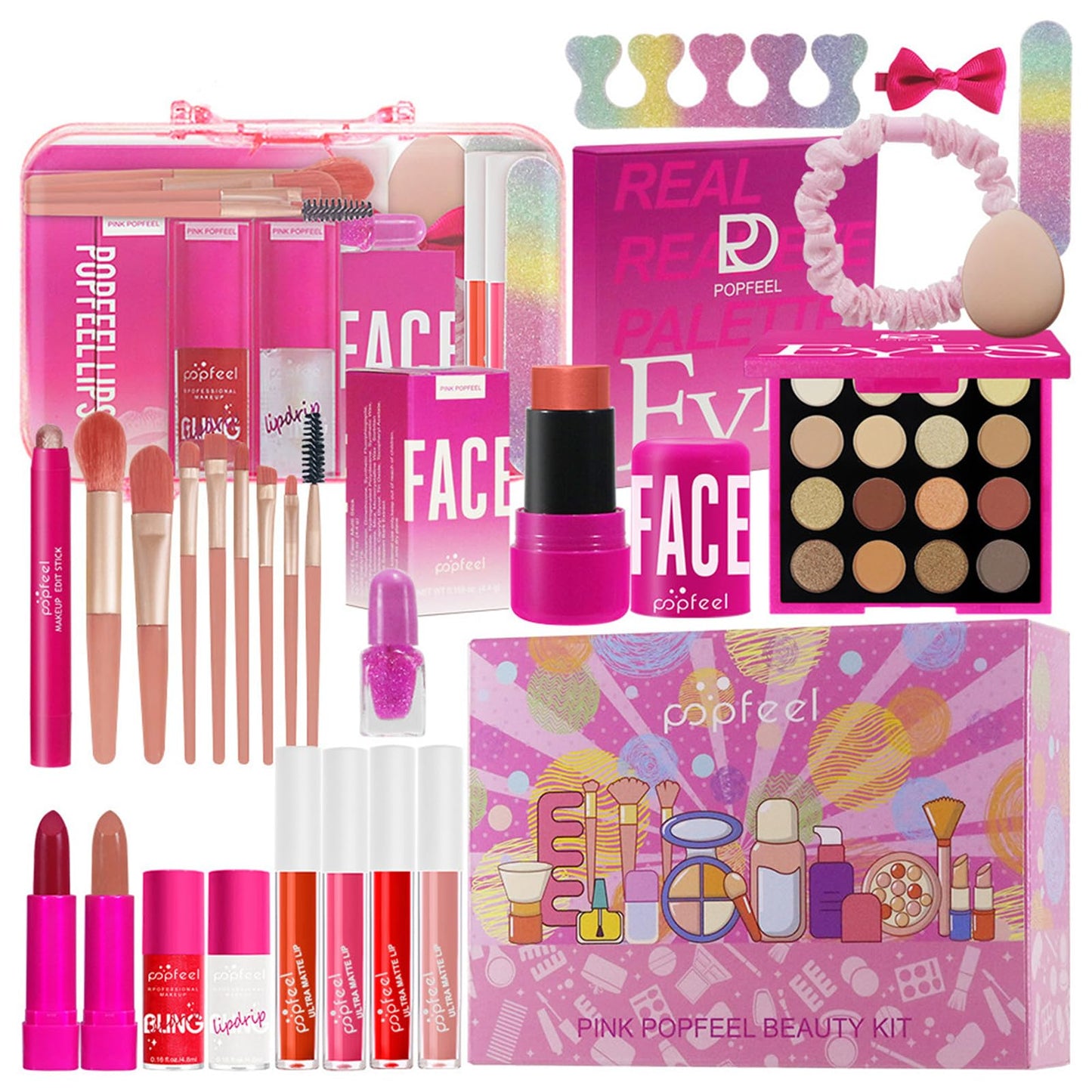 Hot Pink All in One Makeup Kit for Women Full Kit, Mother's Day Makeup Gifts Set for Women Girls, Hot Pink Makeup Essential Bundle Include Eyeshadow Palette Lipstick Blush Foundation Concealer