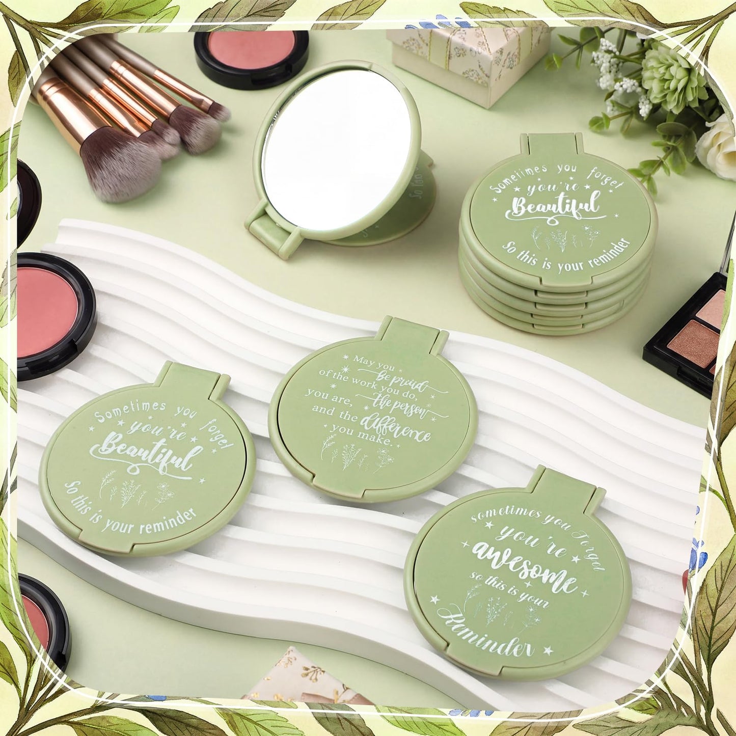 Wenqik 100 Pcs Inspirational Mini Compact Mirrors Bulk, Women Small Gifts Bulk, Group Team Party Favors, Mini Pocket Purse Mirror for Travel, Client, Guest, Wedding, Birthday, Cheerleader (Sage Green)