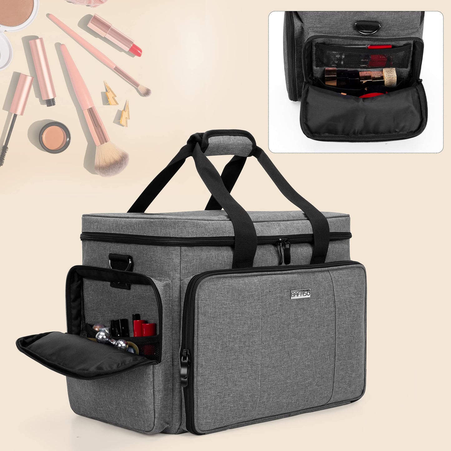 BAFASO Large Makeup Bag Cosmetic Bag with Removable Dividers, Travel Makeup Case Holds Cosmetics and Hair Supplies, Gray