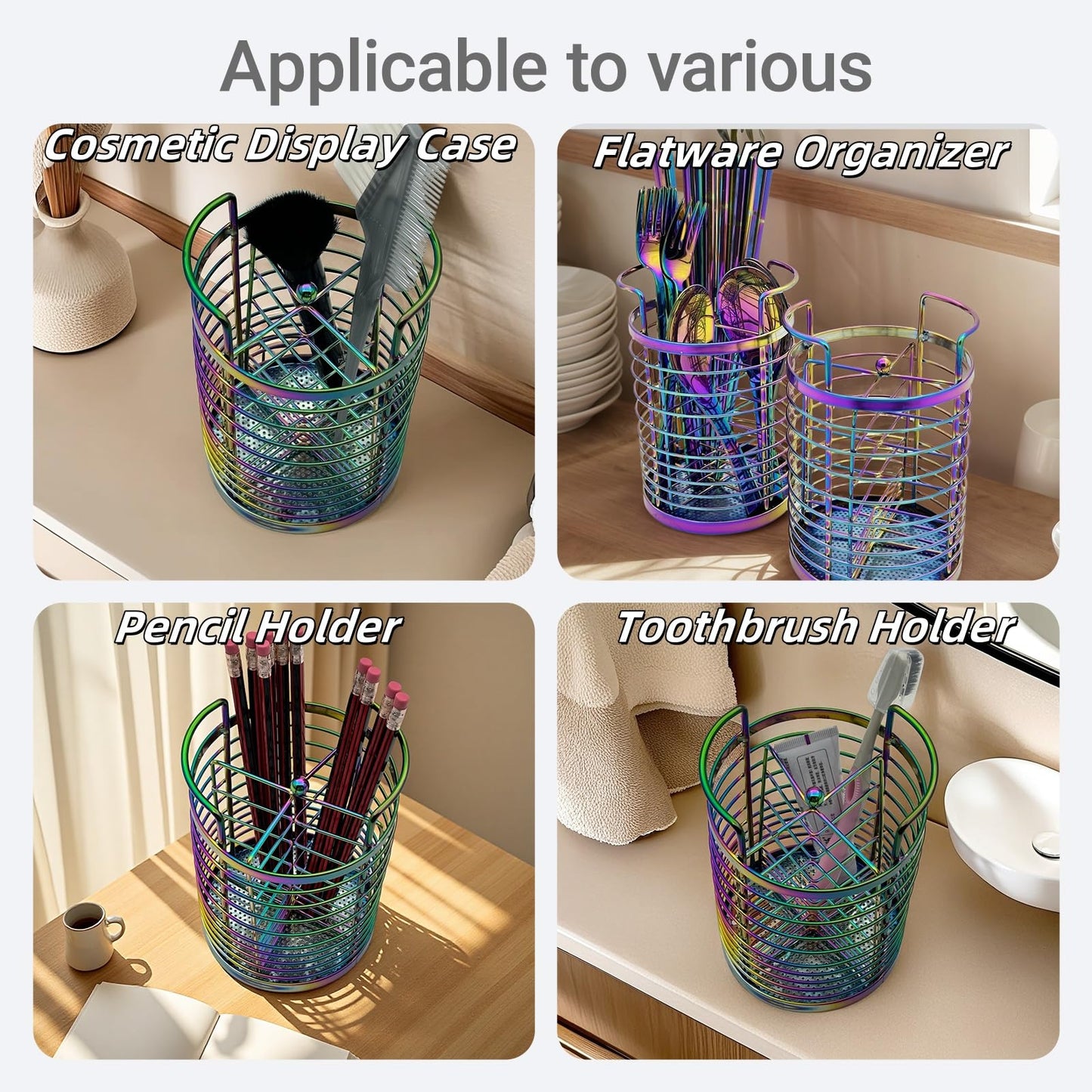 Rainbow Makeup Brush Holder Organizer, 4 Slot Make up Brushes Cup for Cosmetics, Nail Polish, Art Supply, Bathroom Vanity Desktop Organizer, Mesh Storage Caddy Baskets for Holding Knife Fork Spoon