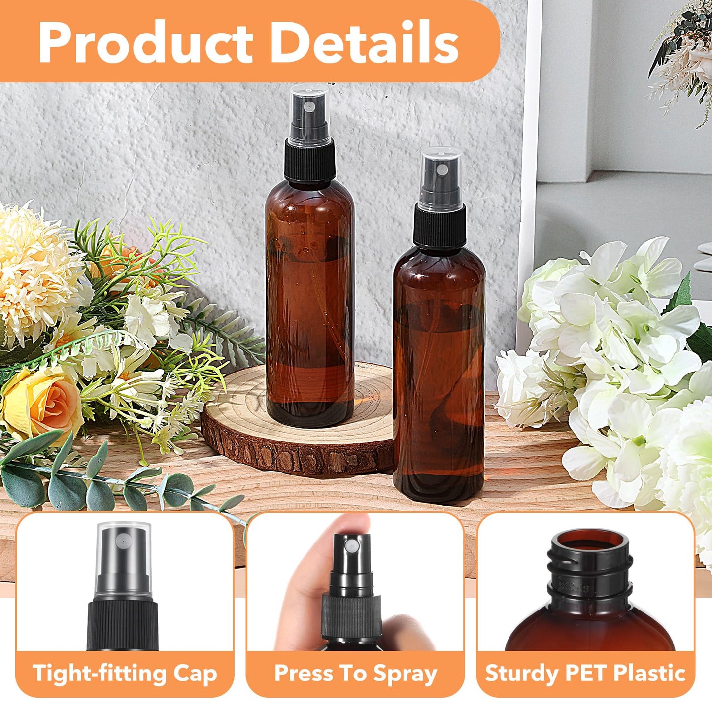 xozeooeu 60 Pack 4 Oz Amber Plastic Spray Bottles, Fine Mist Refillable Empty Travel Bottles for Essential Oils, Perfume, Toner & Cleaning Solutions