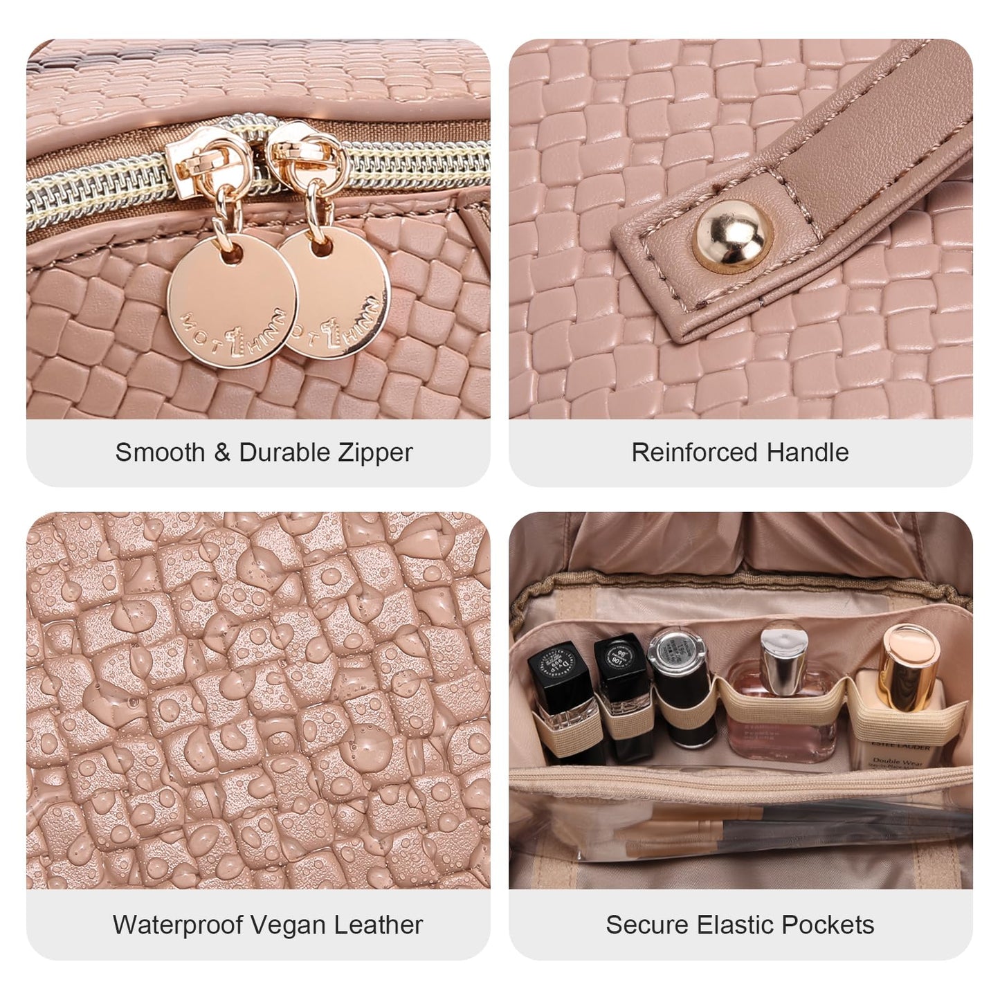 Travel Makeup Bag for Women: Designer 3 Pcs Set Cosmetic Bags for Women - Large Capacity Vagen Leather Hand-made for Toiletry Organizer - Ladies Travel Flat Open Essentials for Luxury (10Brown)