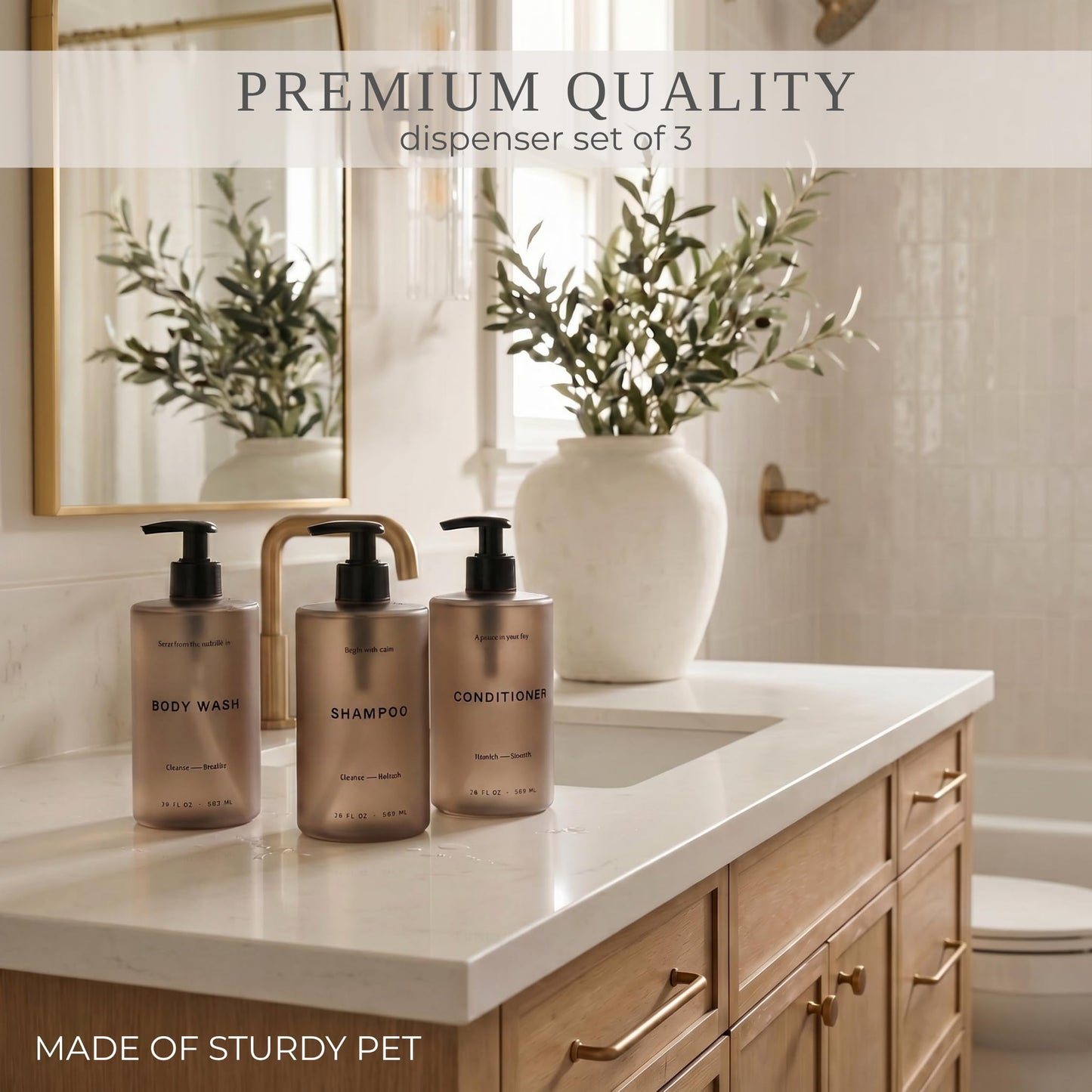 Stylish Shampoo and Conditioner Dispenser Set of 3 - Modern 20oz Shower Soap Bottles with Pump and Labels - Easy to Refill Body Wash Dispensers for an Instant Bathroom Decor Upgrade