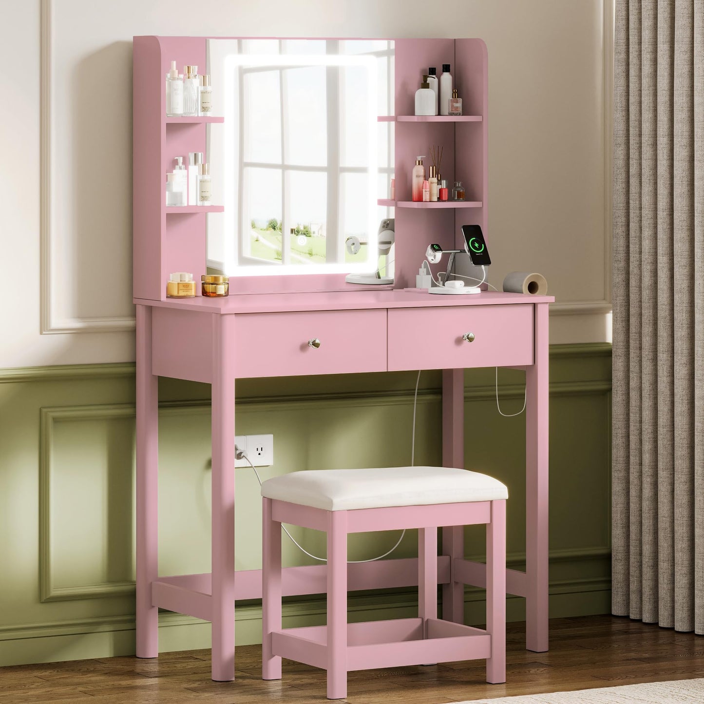 ProsperHaven Vanity Desk with Mirror and LED Lights, Small Makeup Vanity Table Set with Drawers and Chair, Dressing Table with Power Outlet for Girls Bedroom, Pink