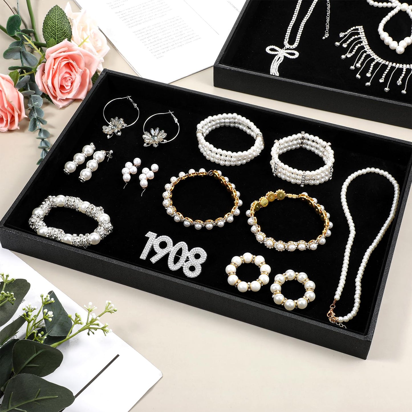 4 Pcs Stackable Jewelry Tray Black Showcase Display Jewelry Organizer Tray Bracelet Ring Earring Necklace Organizer Empty Plate for Drawers Countertop