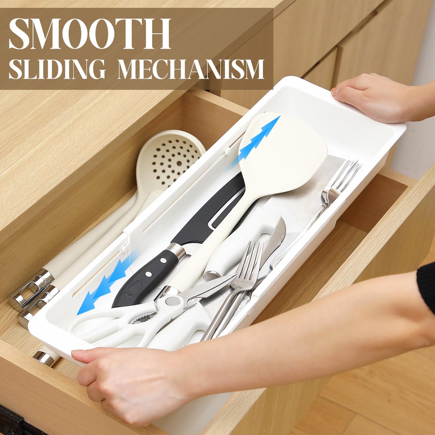 Gulfmew 2 Pack Deep Drawer Organizer Bins, Sliding Drawer Organizer Bin Expandable and Adjustable Tray for Kitchen Utensils, BBQ Tools, Towels, Durable Plastic Sliding for Easy Storage(17.4-27.6")
