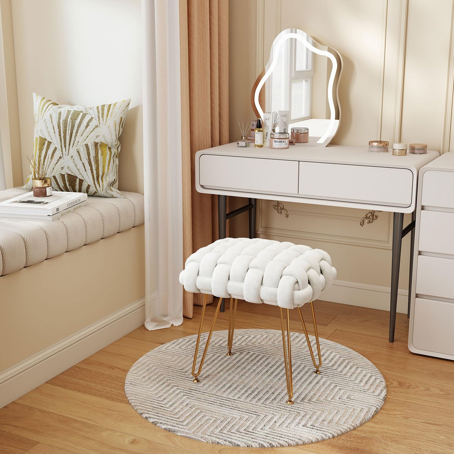 Sefulei Upholstered Velvet Vanity Stool, Hand-Woven Makeup Vanity Chair with Gold Metal Legs, Modern Foot Stool Ottoman for Living Room Bedroom, Easy Assembly (White)