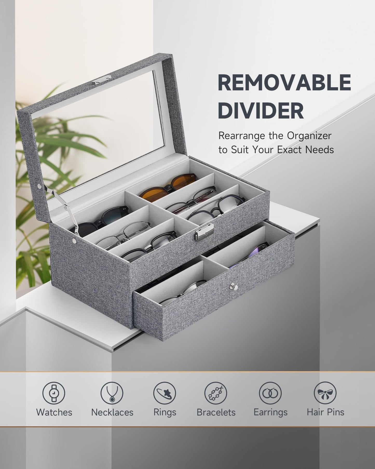 CO-Z Sunglasses Organizer with 12 Slots, Linen Eyeglasses Storage Box for Women Men, 2 Story Lockable Display Case for Multiple Glasses, Sunglasses Jewelry Collection Holder with Drawer, Grey