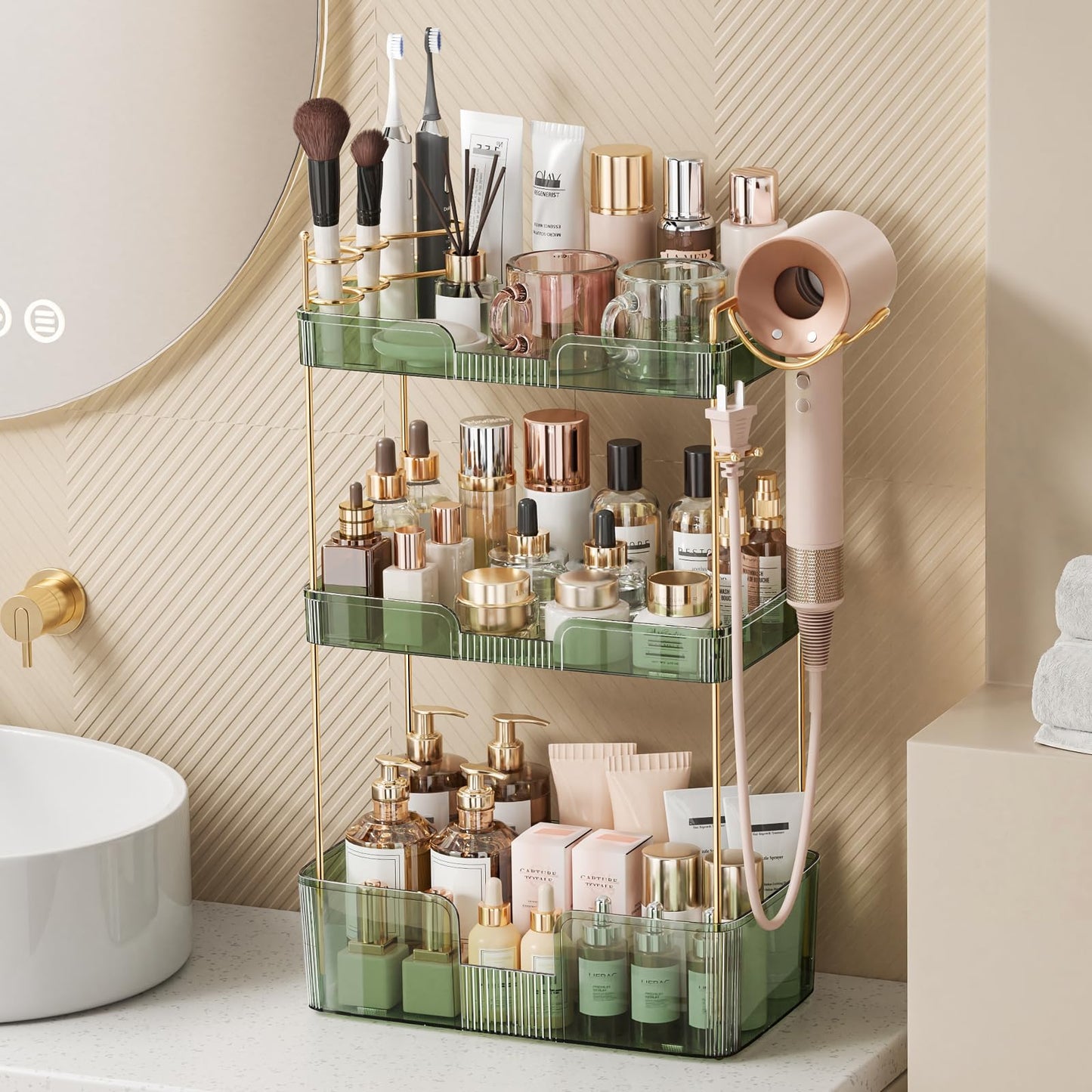 Weidace Bathroom Counter Organizer for Vanity, Makeup Organizer Countertop with Holder, Large Capacity Storage Rack, Perfect Large Skincare, Hair Care, Perfume, Easy to Install (Green, 3Tiers)