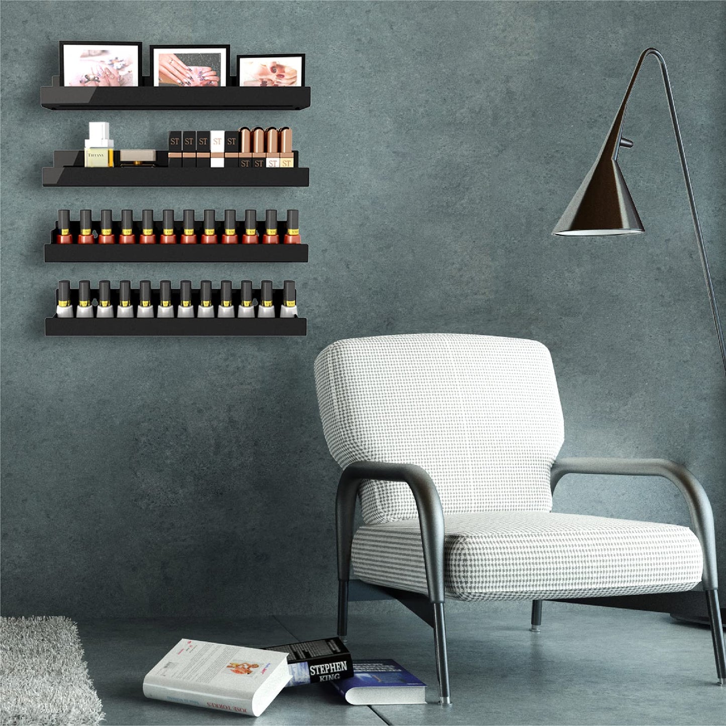 RORKIM 4 Pack 15 Inch Black Acrylic Shelves, Black Kids Floating Bookshelf for Kids Room, Modern Nail Polish Rack Sunglasses Essential Oil Picture Ledge Display Toy Storage Wall Shelf