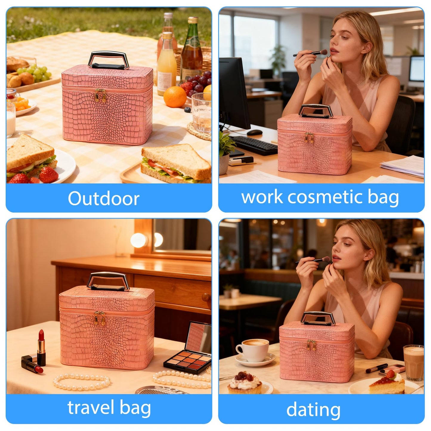 Chic Large Capacity Makeup Bag l Vanity Bag, Structured Cosmetic Organizer with Handle, Water-Resistant Portable Travel Toiletry Bag, Soft PU Leather Makeup Pouch for Women, Daily Use & Travel