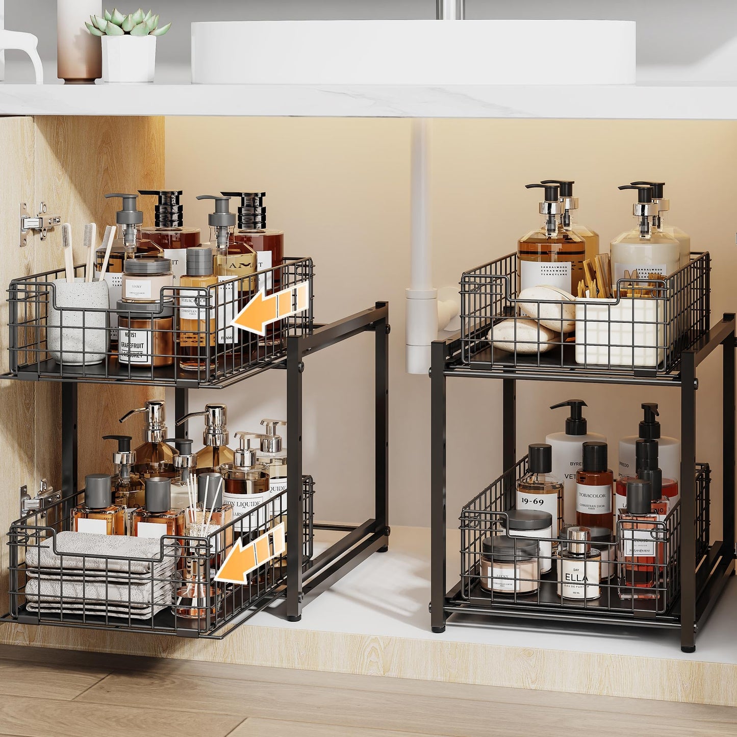 SILUB Under Sink Organizer, 2-Tier Pull Out Cabinet Organizer, Adjustable Height Bathroom Organizer and Storage, Spice Rack for Kitchen, Sliding Drawers Shelves 13.8×11×15.8 Inch (1 Pack)