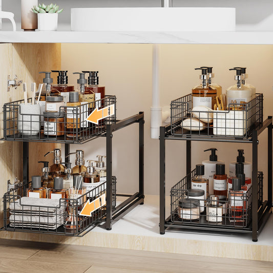 SILUB Under Sink Organizer, 2-Tier Pull Out Cabinet Organizer, Adjustable Height Bathroom Organizer and Storage, Spice Rack for Kitchen, Sliding Drawers Shelves 13.8×11×15.8 Inch (1 Pack)