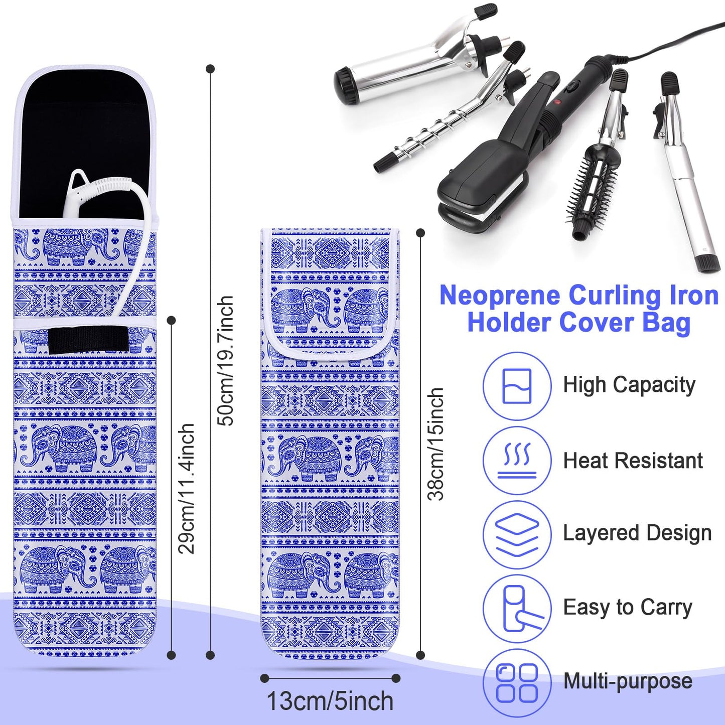 Shappy 2 Pcs Heat Resistant Hair Tools Bag Curling Iron Travel Case Cover Neoprene Flat Iron Holder Travel Case and Silicone Mat Pouch for Hot Hair Tools Storage Organizer(Elephant Style)