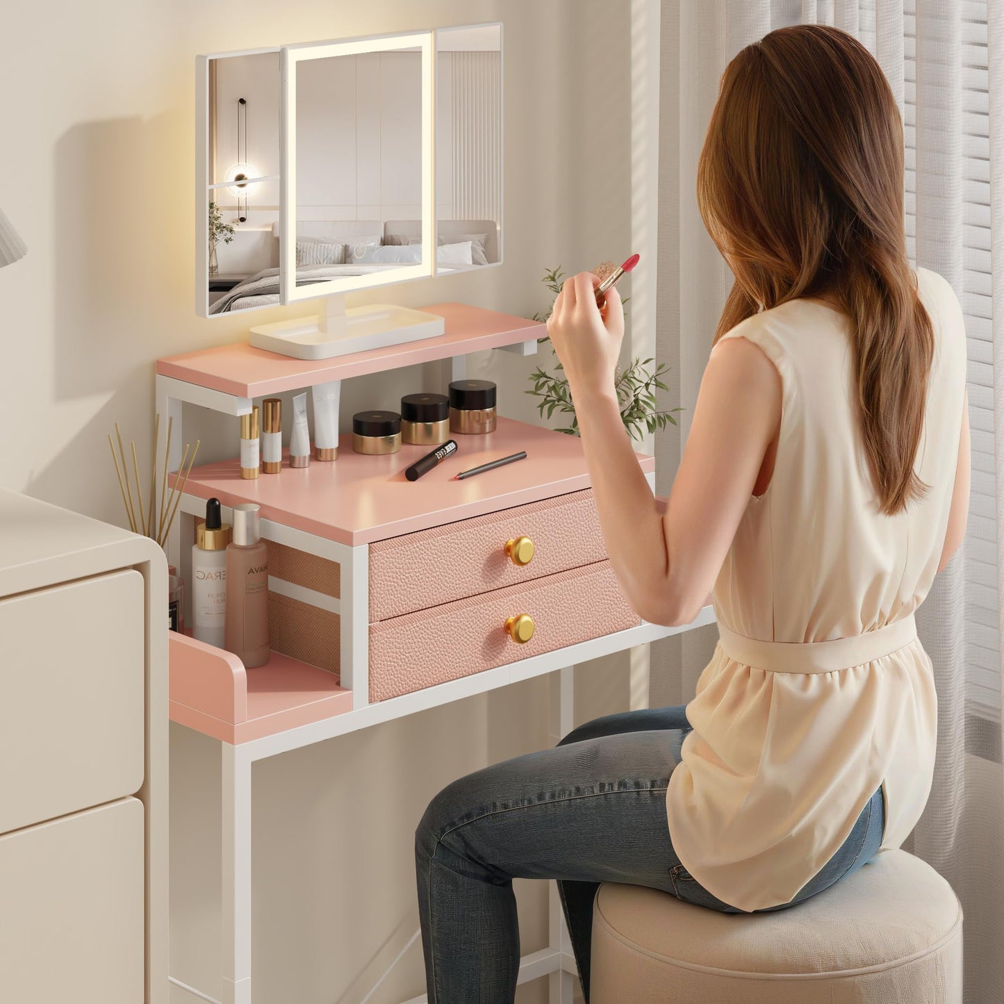 HIGDBFE Vanity Desk with Mirror and Lights 28.4''W Small Makeup Vanity