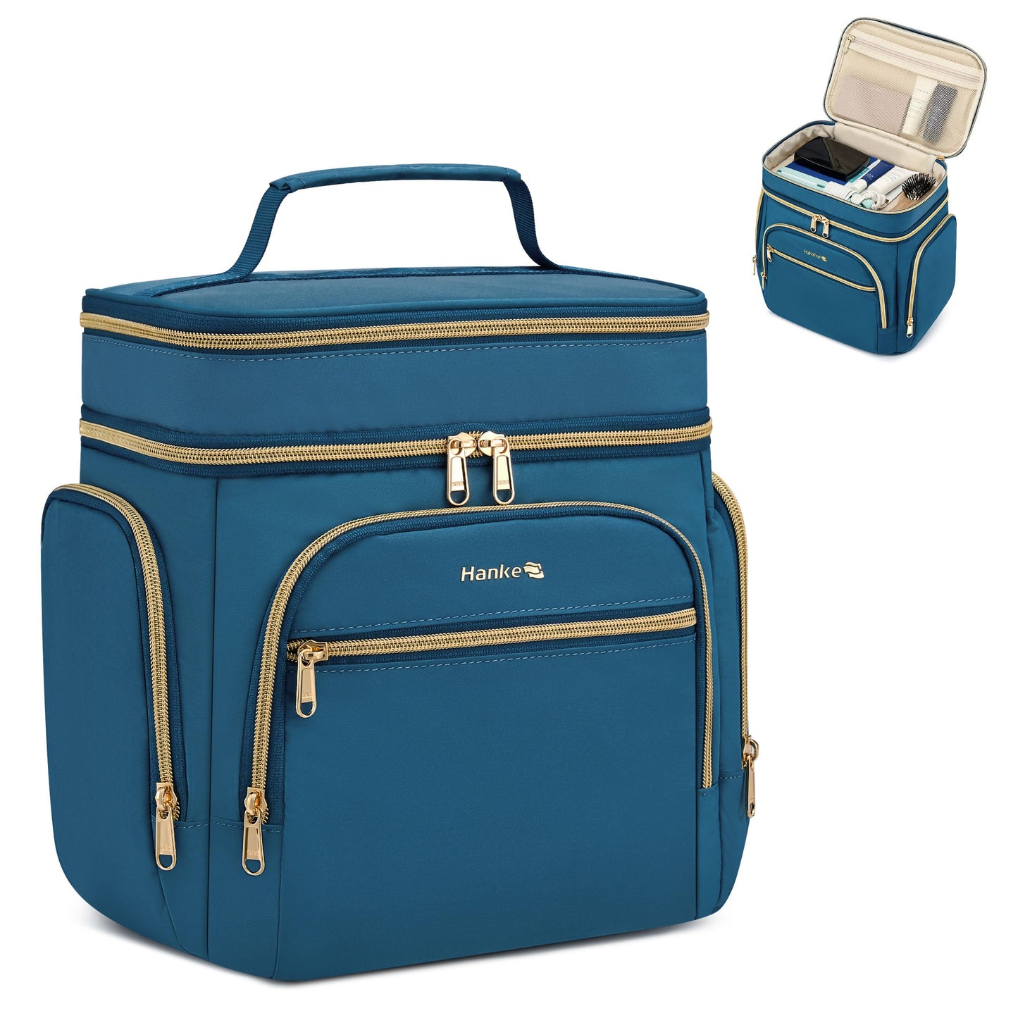 Hanke Large Toiletry Bag for Women Travel, Double Layer Organizer with Wide Opening for Full-Size Cosmetics & Toiletries, 12.2L Water-Resistant Makeup Bag,Navy Blue
