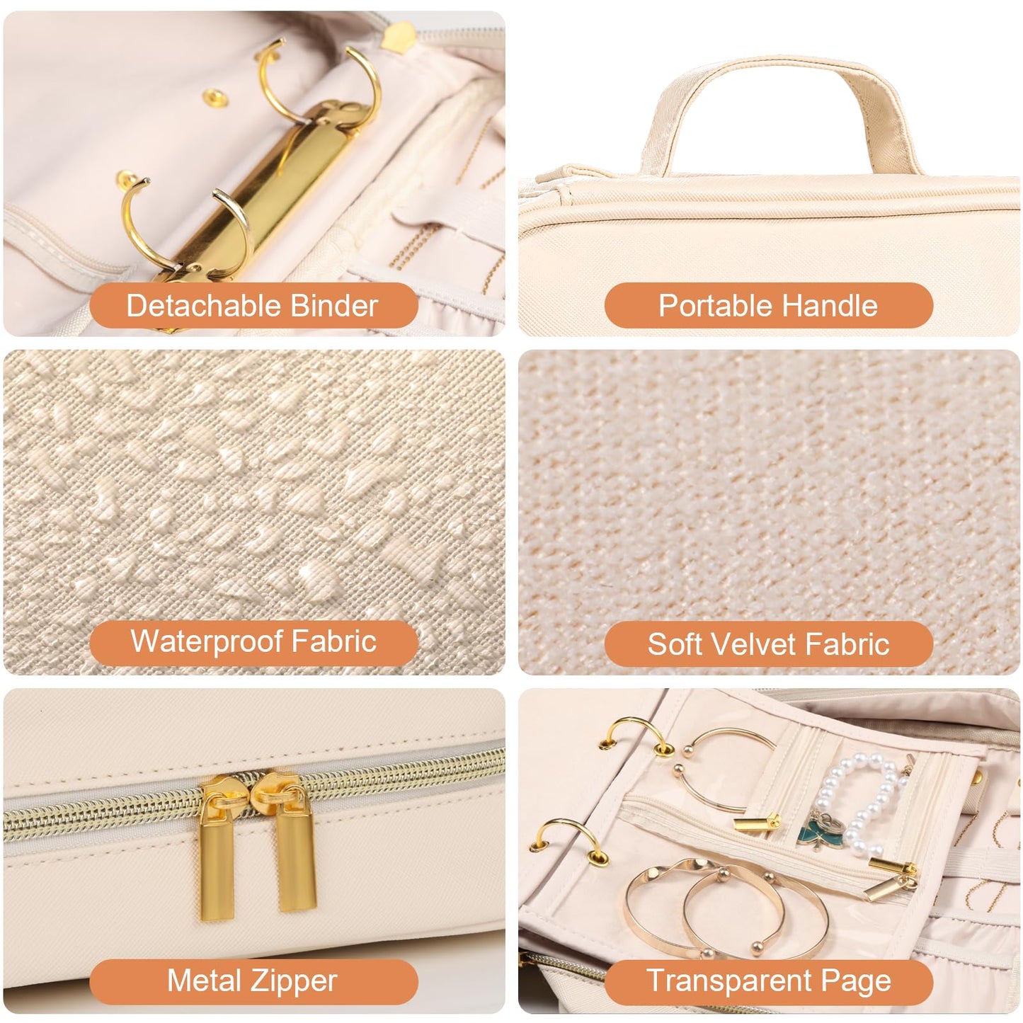 Vutlue Travel Jewelry Case Organizer for Women, Jewelry Storage Book with Small Pouch, Travel Jewelry Bag Case for Traveling Necklace, Earrings, Rings, Bracelet Organizer (Beige)