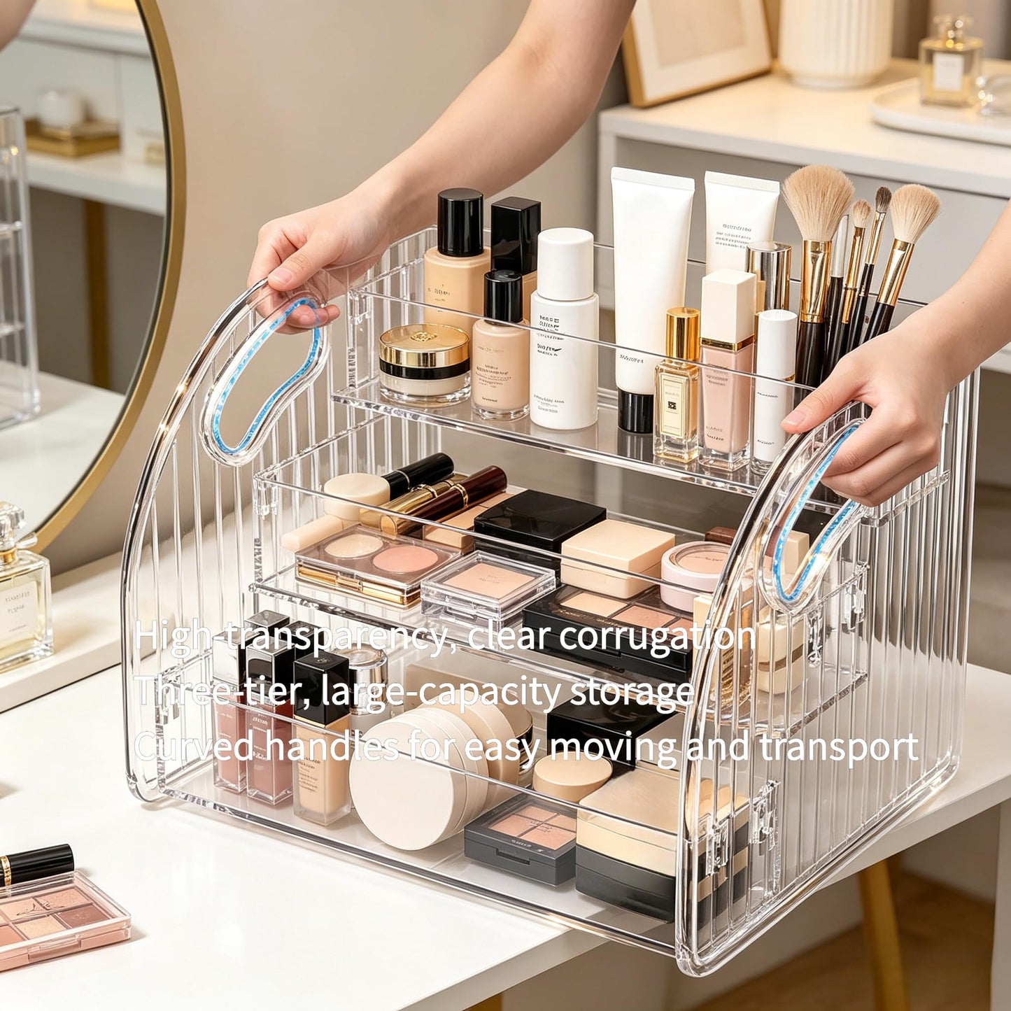 CozyWeave 3-Tier Wide Acrylic Display Stand Transparent Acrylic Display Shelf Organizer Makeup Rack for Cosmetics,Nail Polish,Perfume,Cupcakes, and Candy; Vanity Display Cabinet