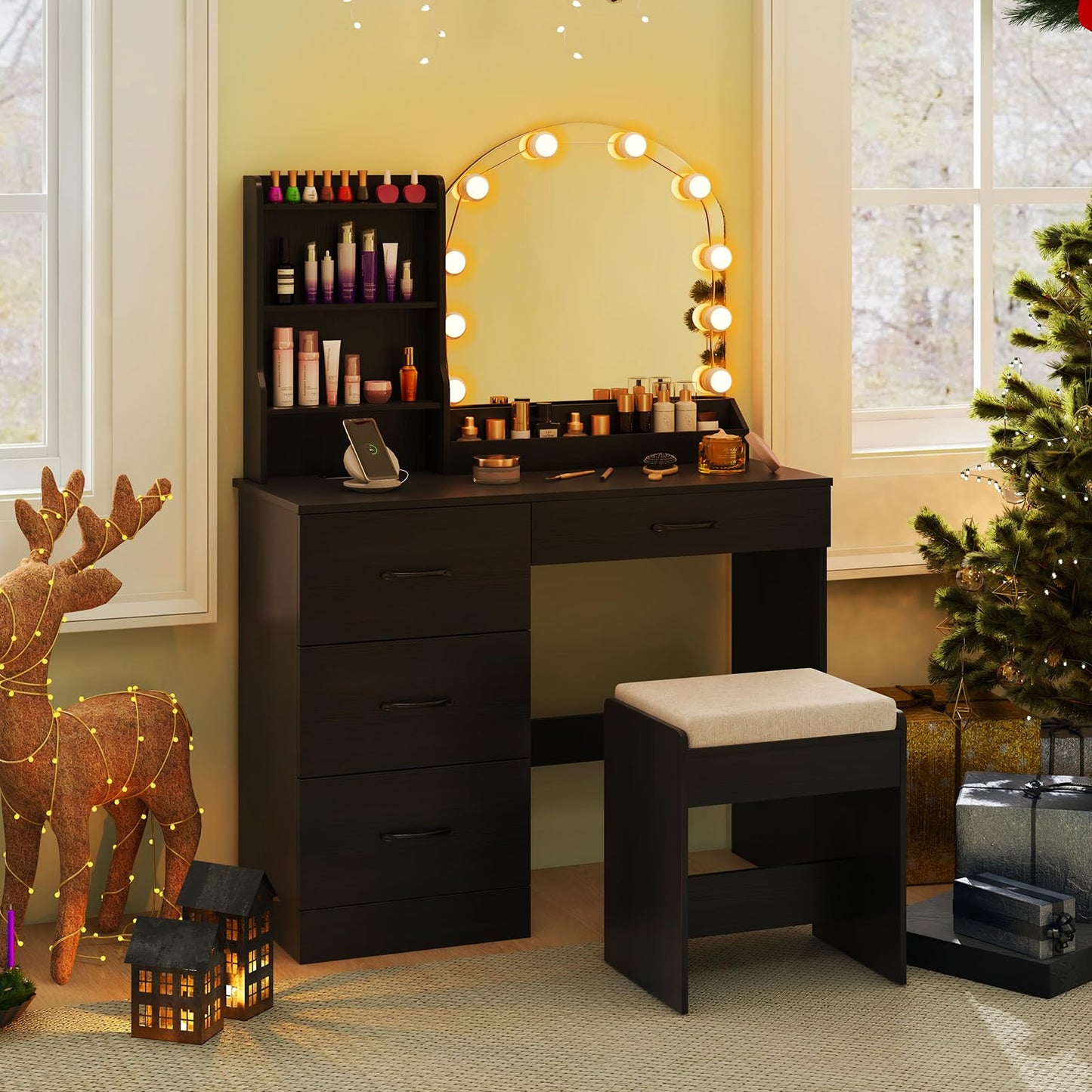 CHARMAID Vanity Desk with Mirror and Lights, Black Makeup Vanity Desk with 4 Drawers, Storage Shelves, Charging Station, 3 Lighting Modes, 40 inch Large Vanity Dressing Table with Stool for Bedroom