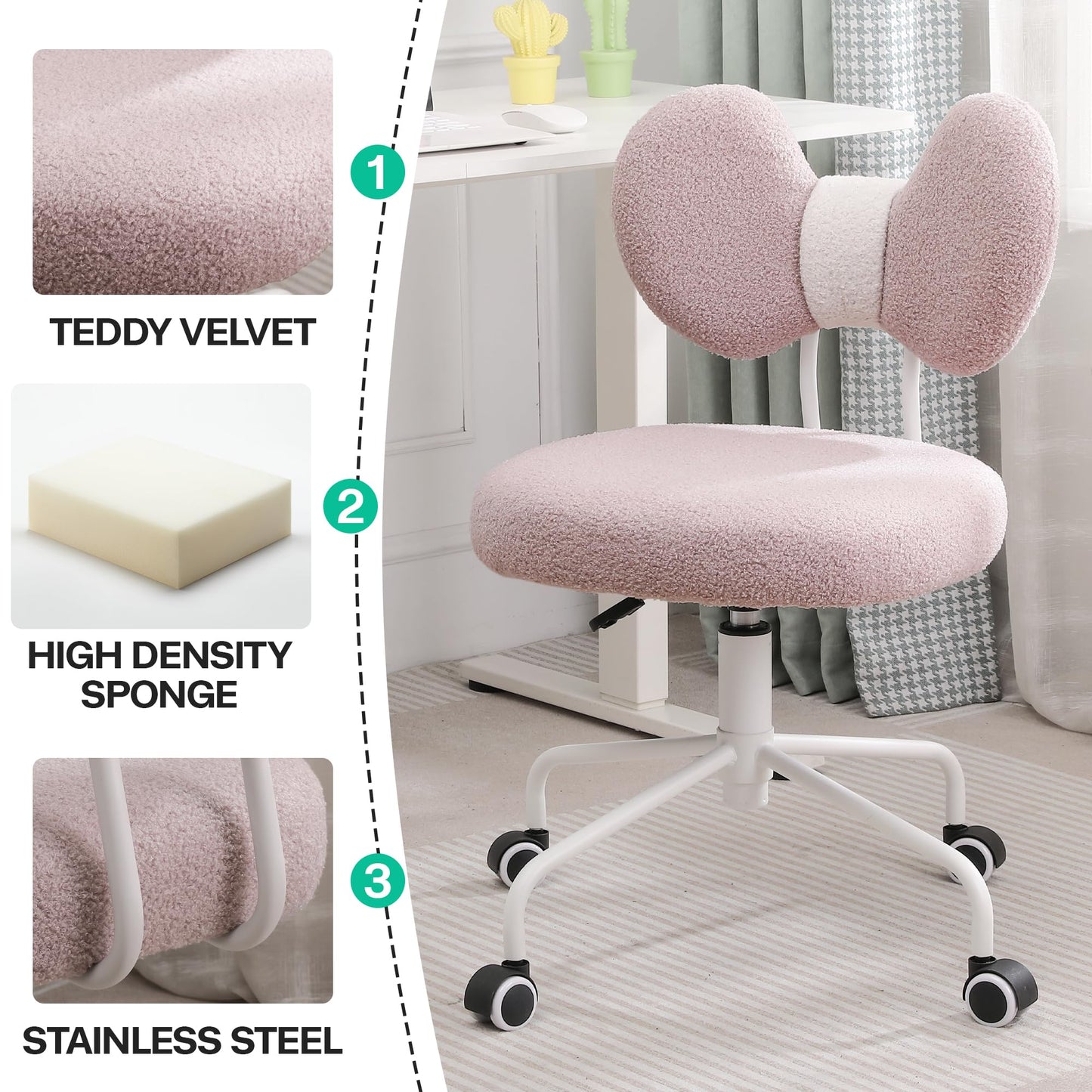 Shiepu Cute Desk Chair with Back,Comfy Small Office Chair with Wheels, Armless Adjustable Rolling Swivel Computer Chair for Home Office,Make-up Room,Bedroom,Vanity Chair for Girls,Teddy Velve,Pink