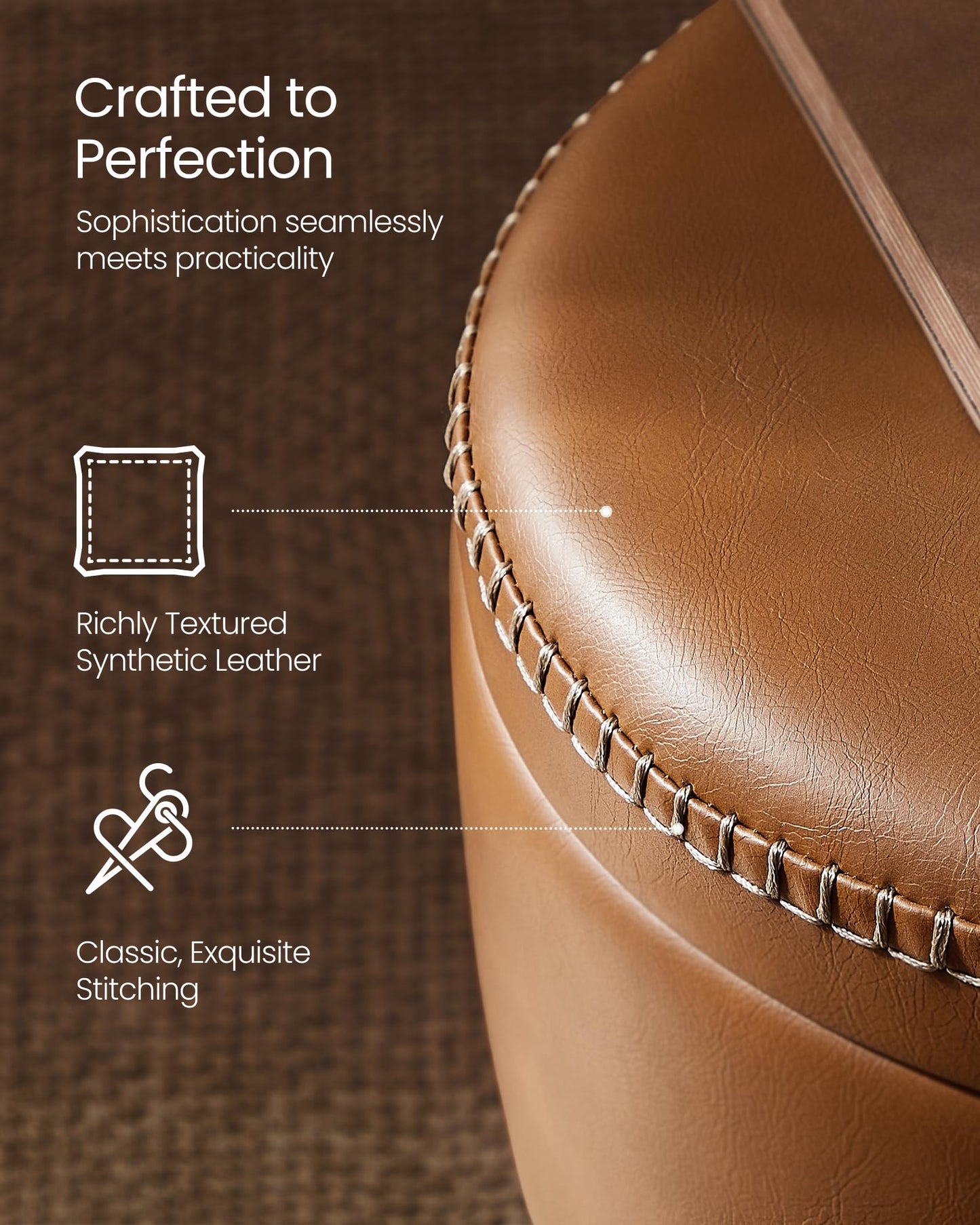 VASAGLE EKHO Collection - Storage Ottoman, Vanity Chair Stool, Synthetic Leather with Stitching, Mid-Century Modern, Round Storage Seat with Steel Legs, Loads 330 lb, Caramel Brown ULOM005KN08