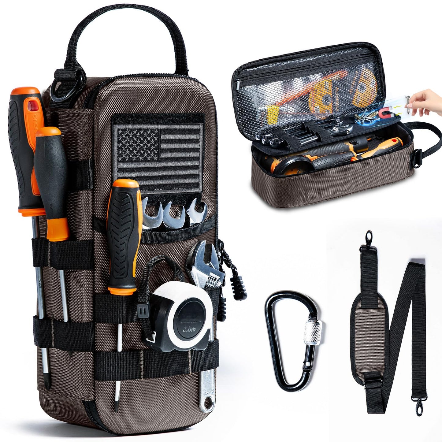FRECOLSH Heavy Duty Small Tool Bags for Men with Carabiner,Tactical Tool Pouch Bag,Portable Utility Tools Storage Organizer Case with Shoulder Strap for EDC,Motorcycle,Camping, Road Trip, Electricians