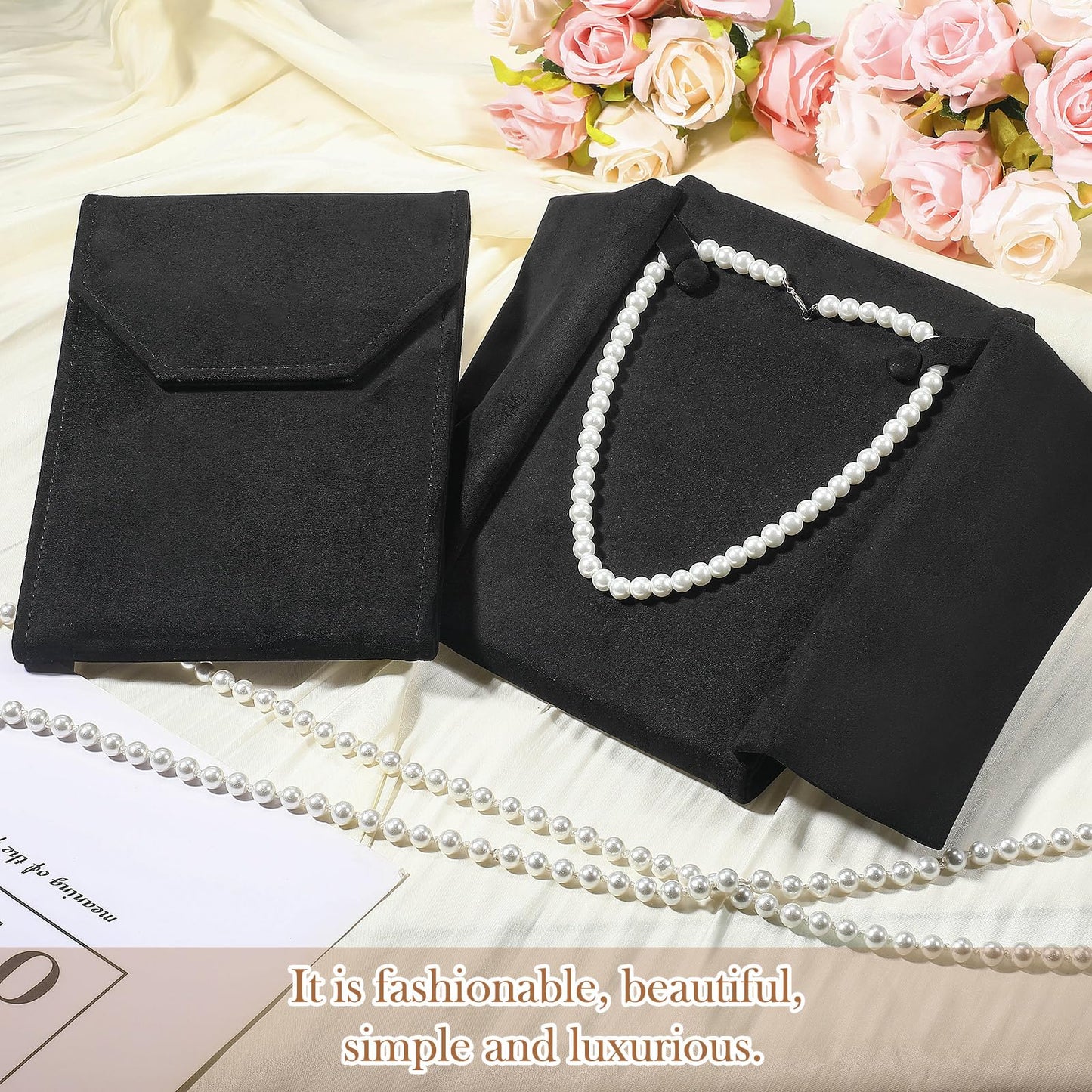 Kenning 6 Pcs Velvet Necklace Jewelry Display Folder Travel Necklace Organizer Women Pearl Jewelry Pouch Gift Bag(Black)