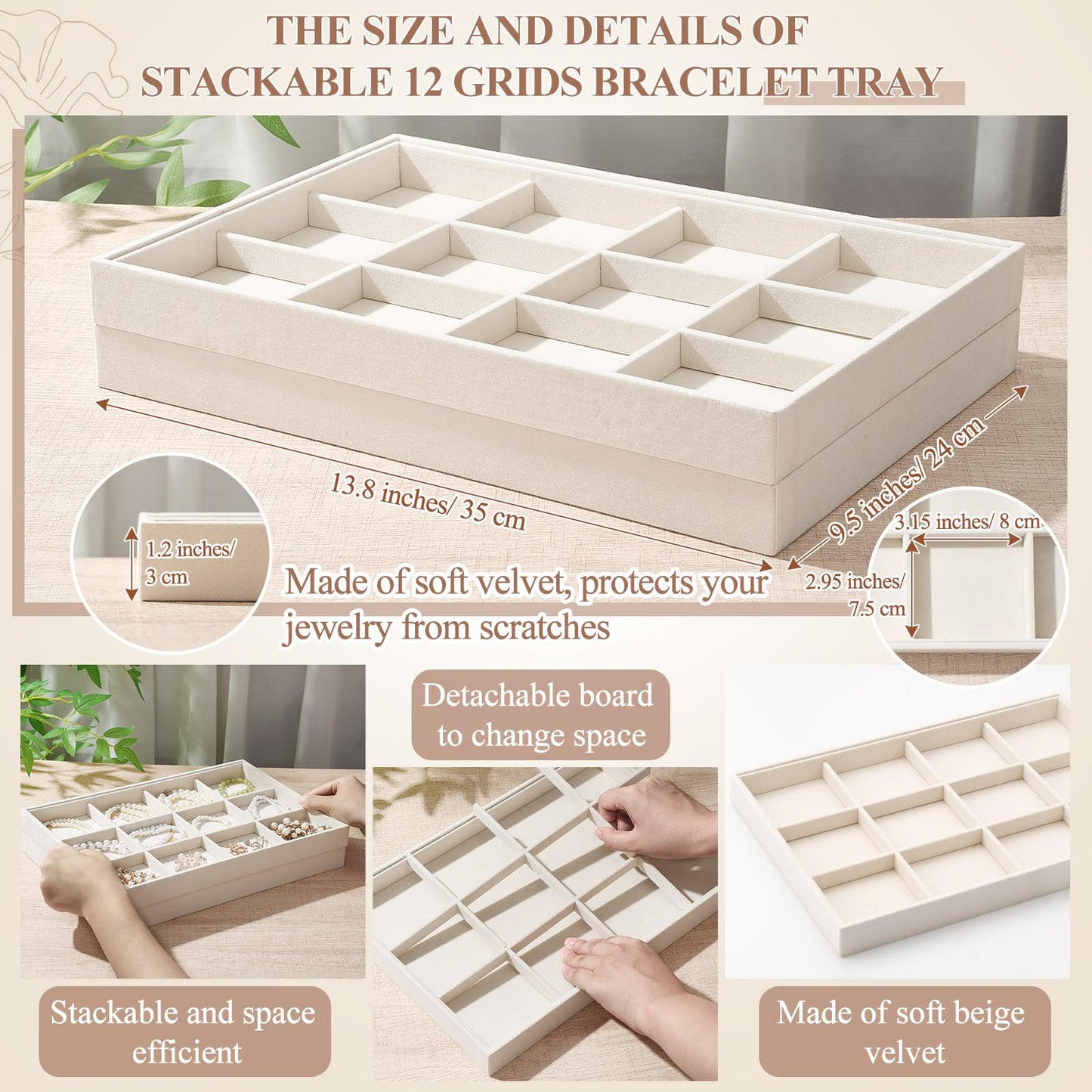 Cinnvoice 4 Pcs Stackable Jewelry Organizer Tray, 12 Grids Velvet Bracelet Ring Necklace Tray, Jewelry Organizer Trays for Drawer Display Selling Bangle Necklace Earring Showcase Storage(Beige)